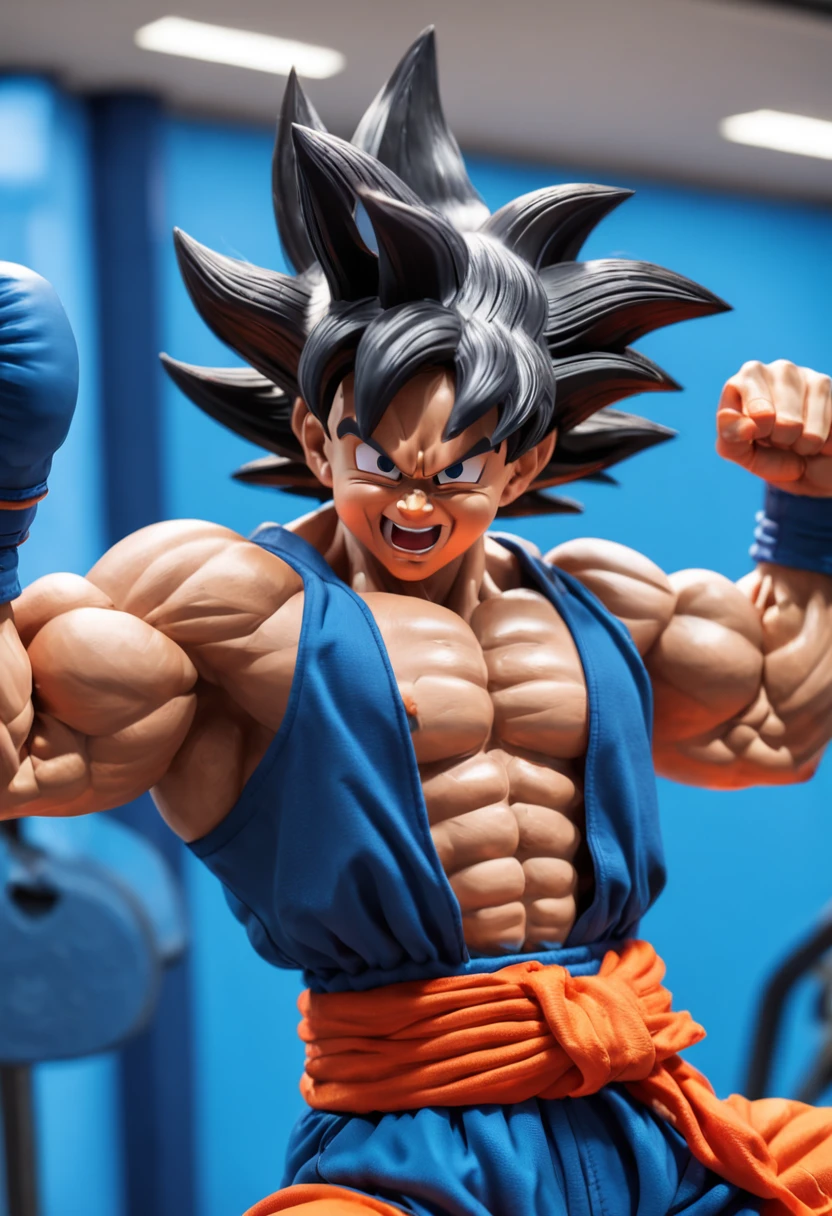 "A detailed drawing of Son Goku intensely training his biceps in a bodybuilding gym, com um cabelo prateado brilhante e pele prateada polida, surrounded by a fiery blue energetic ray, Aura Ace."