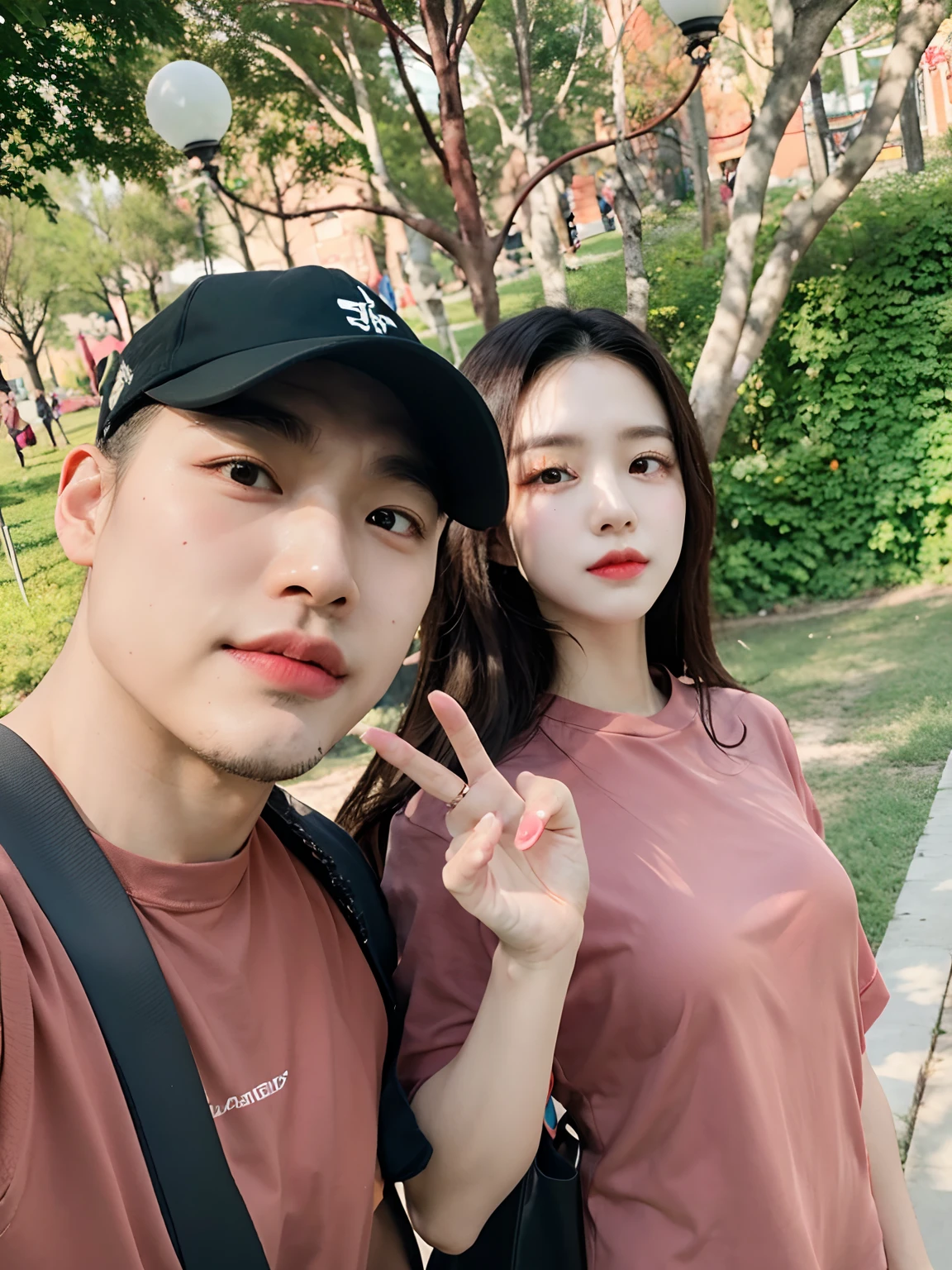 there are two people standing together in the park posing for a picture, dang my linh, lovely couple, couple, ruan jia and fenghua zhong, hoang long ly, 8k selfie photograph, 4k post, 4 k post, photo taken in 2 0 2 0, nivanh chanthara, 🤬 🤮 💕 🎀