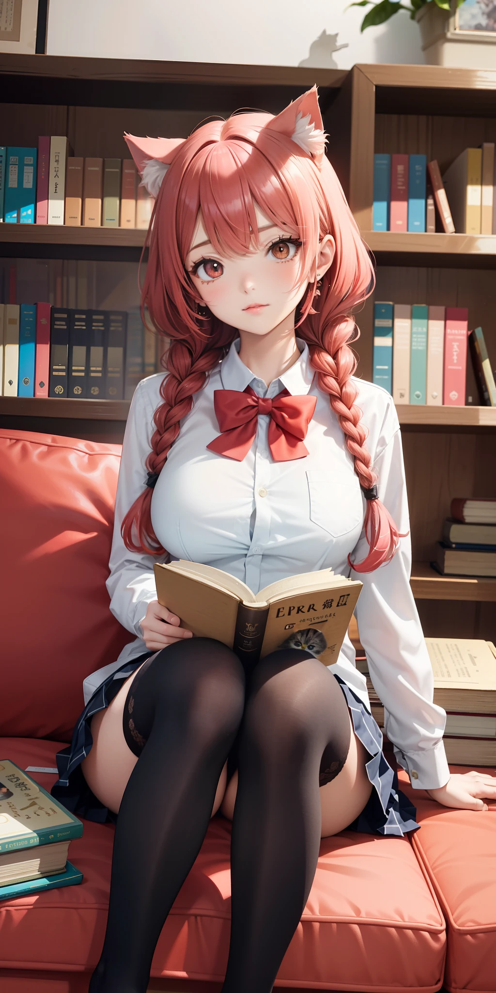 big breasts ((1 cat girl)) ((masterpiece)), ((coral hair)), low braids, (hair over one eye: 1.4) (red eyes: 1.3), (beautiful eyes Detailed: 1.5), best quality, tokisaki kurumi, watch eyes, extremely sexy body, school uniform, jacket, tights, pleated skirt, black tights, white shirt, ((perfect hands)), (( (perfect anatomy))), stack of books, table, sitting on sofa, petite, looking at book, library, bookshelf,