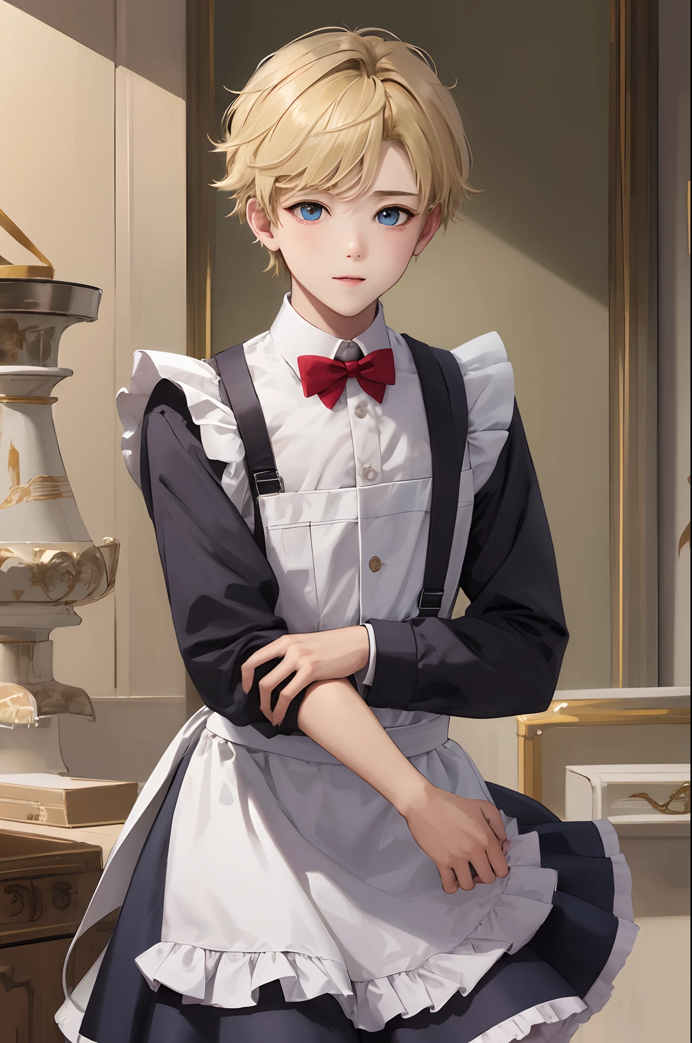 Little blonde boy in maid outfit showing his chest