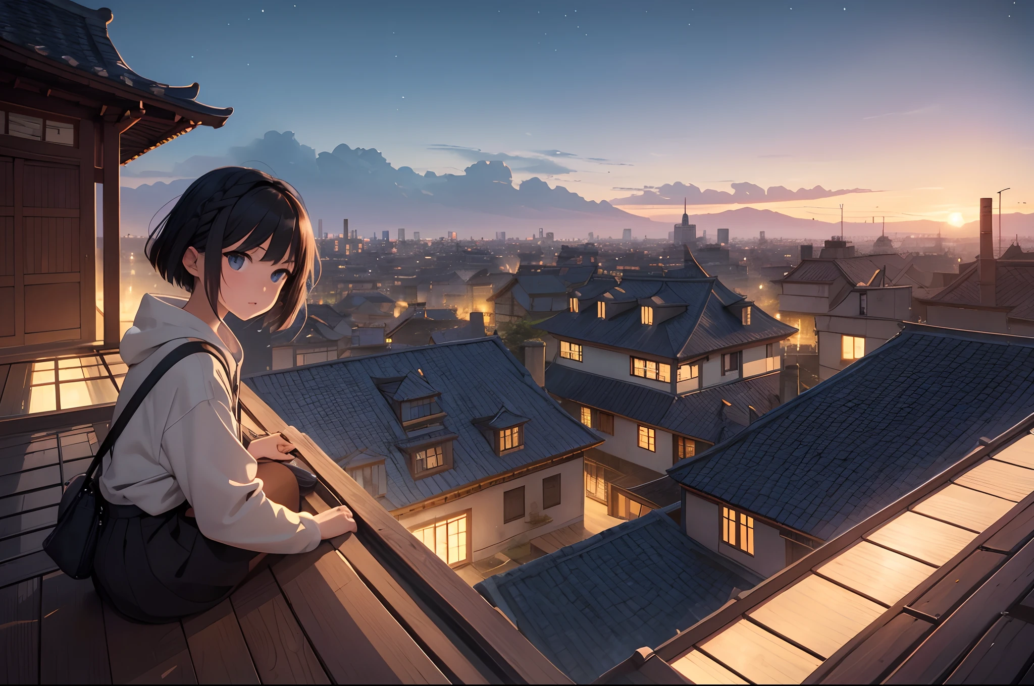 in style of hayao miyazaki，（Miyazaki animation style：1.4），1 Outdoor girls，Short hair and small braids， late， starrysky， in a panoramic view， scenecy， horizon， the roof， sitting on rooftop，Look down on the city lights， ventania，Chinese-style architecture，super-fine，Works of masters，high qulity，8K分辨率，depth of fields，电影灯光，Epic shooting，high qulity，super-fine，Detailed pubic hair，Accurate，Cinematic lighting，（（best qualtiy））， （（tmasterpiece））， （A detailed：1.4），Enhanced dynamic perspective