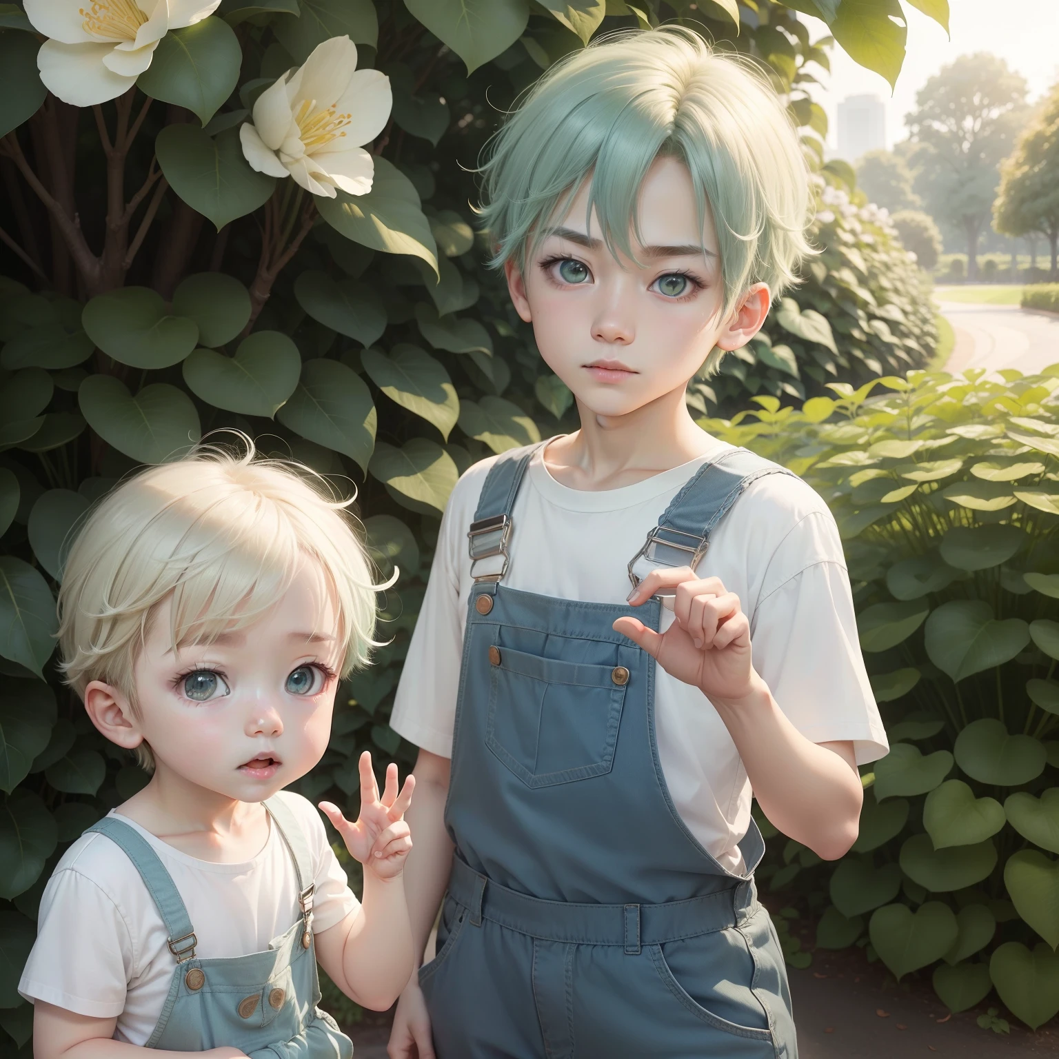 Similar to singer-songwriter Wentz Age(Babies at the age of 1 year:1.1).、Features large blue-green eyes and pale green hair。He has the most pleasant look。He has a slim figure and、、Wearing luxurious white trainers and gray overalls。Lively。 He raises one hand in greeting。The background is the Royal Botanic Gardens blooming,His gaze turned to the camera.、Create close-up headshots。