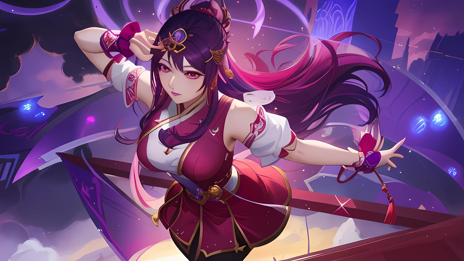 a close up of a woman in a red dress with a purple hair, irelia, kda, yun ling, inspired by Pu Hua, style league of legends, inspired by Yi Yuanji, inspired by Li Mei-shu, range murata and artgerm, league of legends character, inspired by Cao Buxing, inspired by Ju Lian,