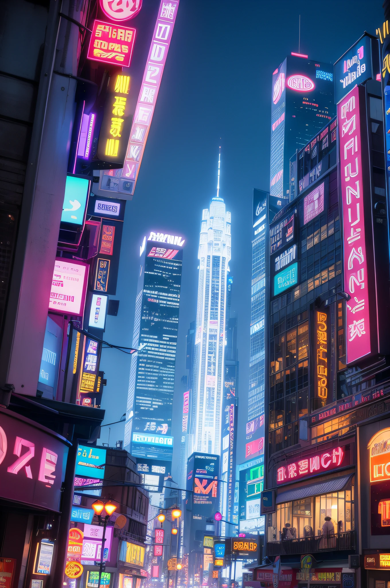 Expansive cityscape of towering cyberpunk architecture, Be illuminated by a row of brilliant neon lights.