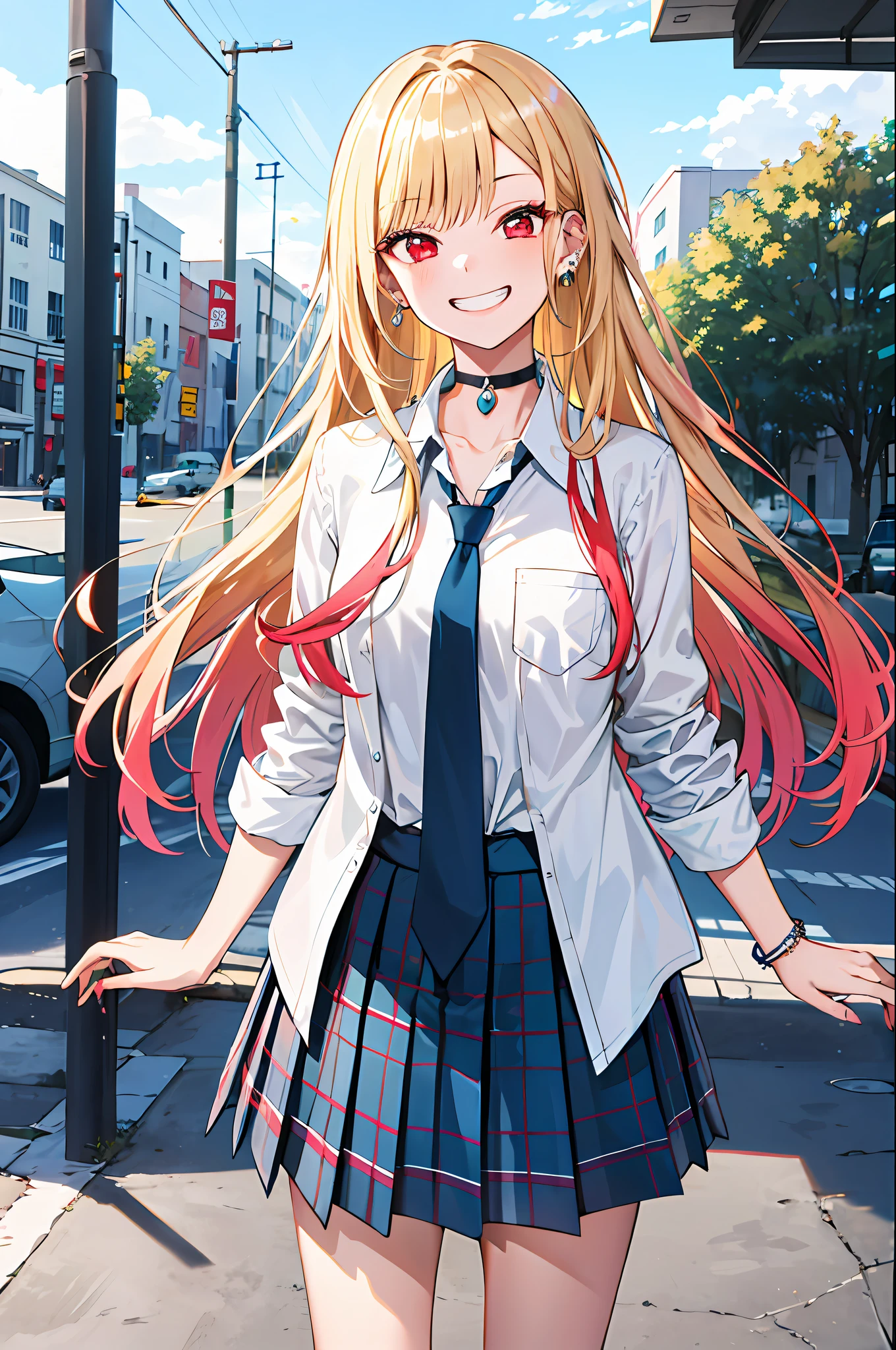 masterpiece, best quality, highres, kitagawa marin, 1girl, blonde hair, long hair, multicolored hair, red eyes, jewelry, earrings, piercing, school uniform, white shirt, tied shirt, black choker, blue necktie, plaid skirt, grin, smile, standing, cowboy shot, outdoors,