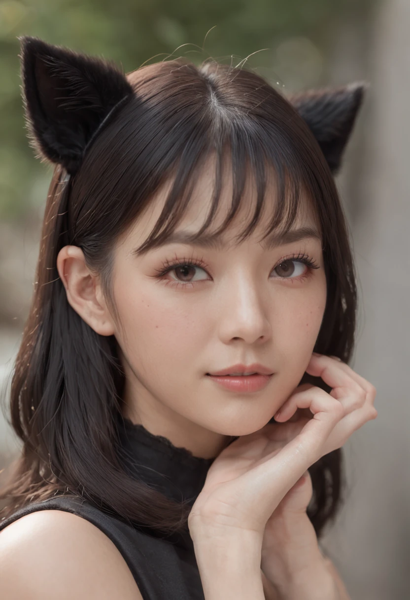 black hair, wince, longeyelashes, solid circle eyes, fake animal ears, light smile, ear blush, fang, Surrealism, drop shadow, anaglyph, stereogram, tachi-e, pov, atmospheric perspective, 8k, super detail, ccurate, best quality