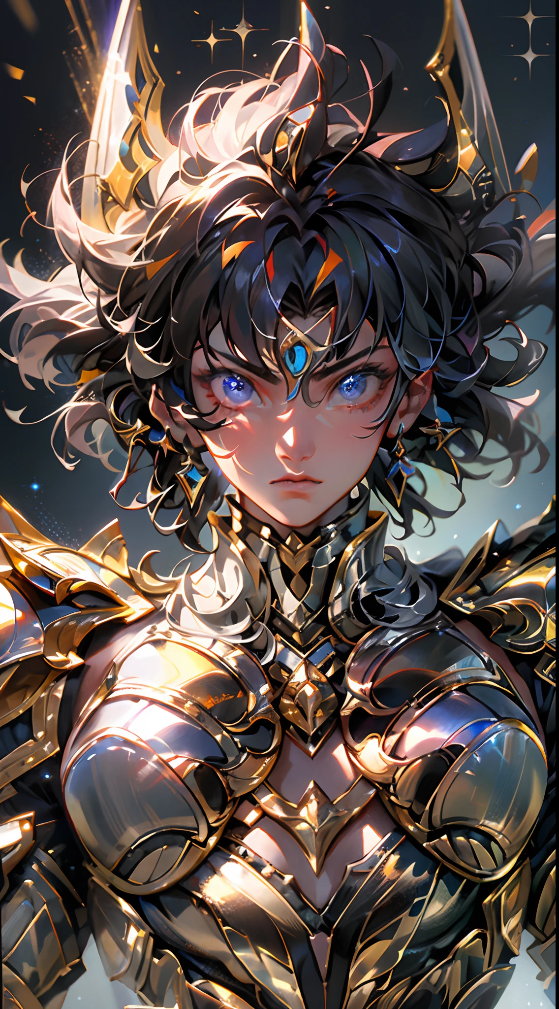 Ultra-high saturation,(tmasterpiece), fully body photo,(best qualtiy), (1girll), starryskybackground,Wearing shiny gold armor, Sexy lingerie type armor,Expose your chest,Expose the waistline,Exposing thighs,cool-pose, Saint Seiya Armor, messy hair,high detal, Anime style, Cinematic lighting, Sparkle, god light, Ray traching, filmgrain, hyper HD, textureskin, super detailing, Anatomical correct, A high resolution,Ultra-high saturation,hight contrast,High-gloss armor,Smooth skin,Serious expressions,Dark room,