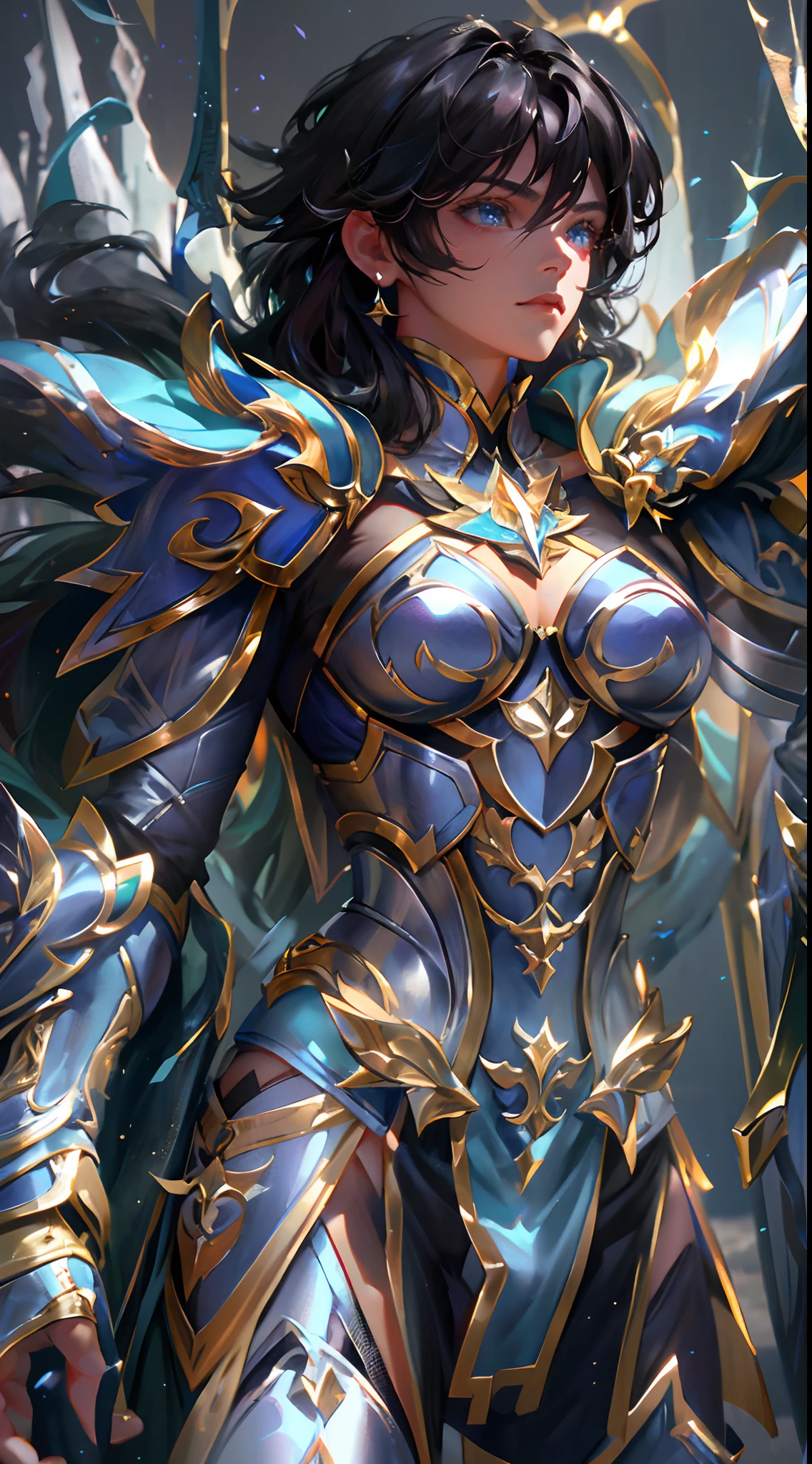 Ultra-high saturation，（tmasterpiece）， fully body photo，（best qualtiy）， （1girll）， starryskybackground，Wearing shiny gold armor， Sexy lingerie type armor，Expose your chest，Expose the waistline，Exposing thighs，cool-pose， Saint Seiya Armor， messy  hair，high detal, Anime style, Cinematic lighting, Sparkle, god light, Ray traching, filmgrain, hyper HD, textureskin, super detailing, Anatomical correct, A high resolution，Ultra-high saturation，hight contrast，High-gloss armor，Smooth skin，Serious expressions,Dark room,