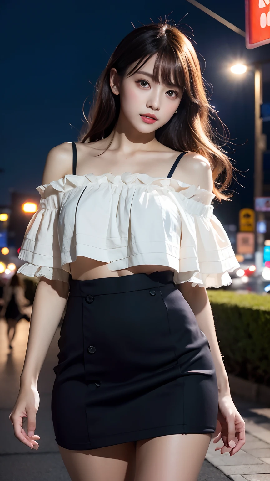 Estampados florales, (Night view background:1.5), (1girll:1.6), Long hair, ulzzang-6500v1.1, (Source language: 1.2), (Realistic: 1.3), beautiful girl with beautiful details, Extremely detailed eyes and face, Eyes with beautiful details, Absurd, unbelievable Ridiculous, hugefilesize, Ultra detail, high resolution, Ultra detailed, Best quality, Masterpiece, illustration, Ultra detailed and beautiful, Ultra detailed, CG, Unity, 8K wallpaper, Amazing, finedetail, Masterpiece, Top quality, offcial art, Extremely detailed Cg Unity 8K wallpaper, Cinematic lighting, (Perfect shiny skin:0.6), Slim and smooth lines, (Floating),1womanl, Sexy street girl, As a well-known Instagram influencer,(Lolita costume:1.2),(Dynamic clothing color scheme)，(cropped shoulders，Superskirt)， standing, At night at a busy intersection crosswalk, view the viewer, (Shoot from the thigh upwards:1.5), Seductive，Clear face，Look at the audience，(ultra realistic 8k photography)，Clear details，