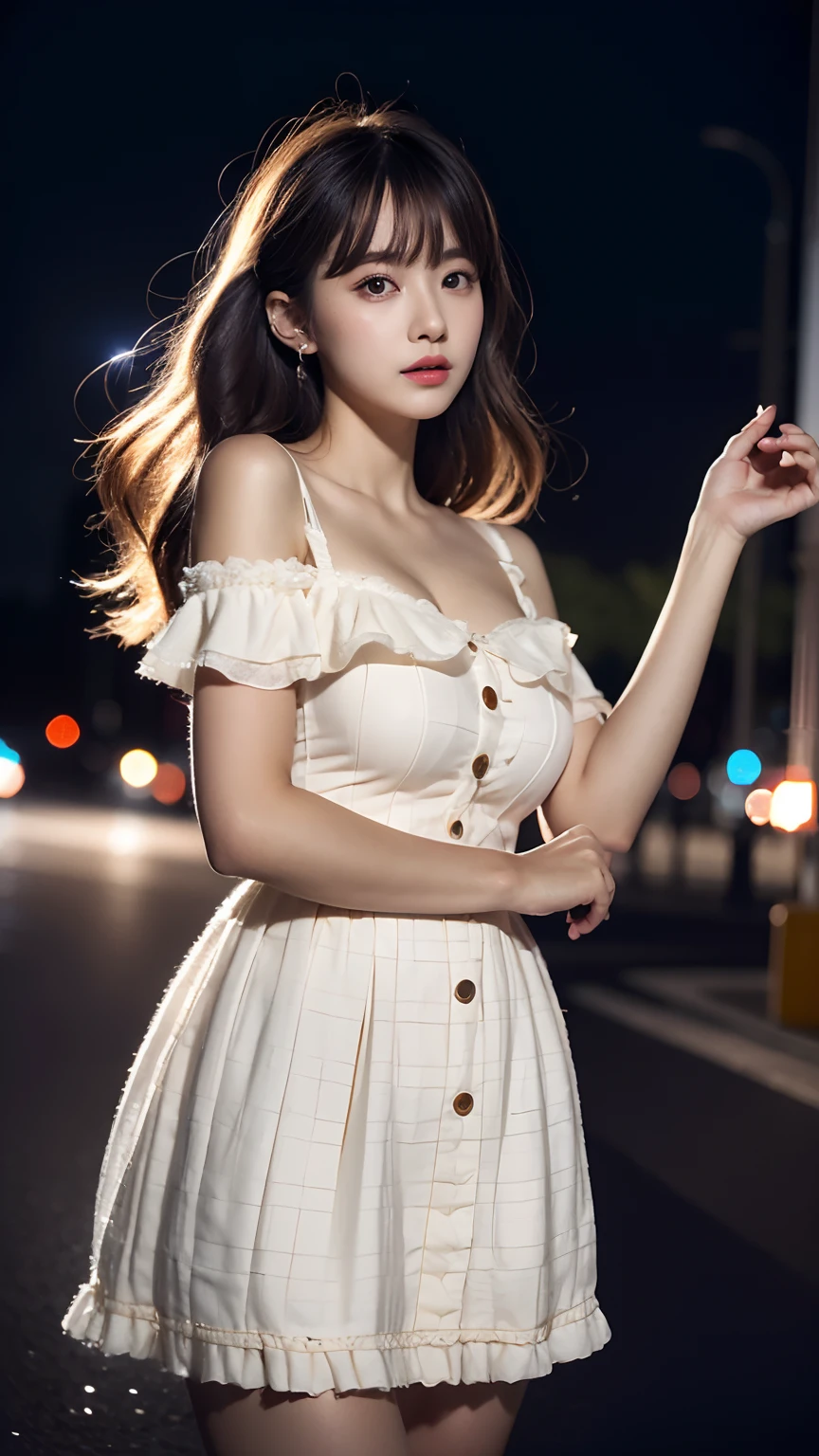 Estampados florales, (Night view background:1.5), (1girll:1.6), Long hair, ulzzang-6500v1.1, (Source language: 1.2), (Realistic: 1.3), beautiful girl with beautiful details, Extremely detailed eyes and face, Eyes with beautiful details, Absurd, unbelievable Ridiculous, hugefilesize, Ultra detail, high resolution, Ultra detailed, Best quality, Masterpiece, illustration, Ultra detailed and beautiful, Ultra detailed, CG, Unity, 8K wallpaper, Amazing, finedetail, Masterpiece, Top quality, offcial art, Extremely detailed Cg Unity 8K wallpaper, Cinematic lighting, (Perfect shiny skin:0.6), Slim and smooth lines, (Floating),1womanl, Sexy street girl, As a well-known Instagram influencer,(Lolita costume:1.2),(Dynamic clothing color scheme),(cropped shoulders,Superskirt), standing, At night at a busy intersection crosswalk, view the viewer, (Shoot from the thigh upwards:1.5), Seductive,Clear face,Look at the audience,(ultra realistic 8k photography),Clear details,