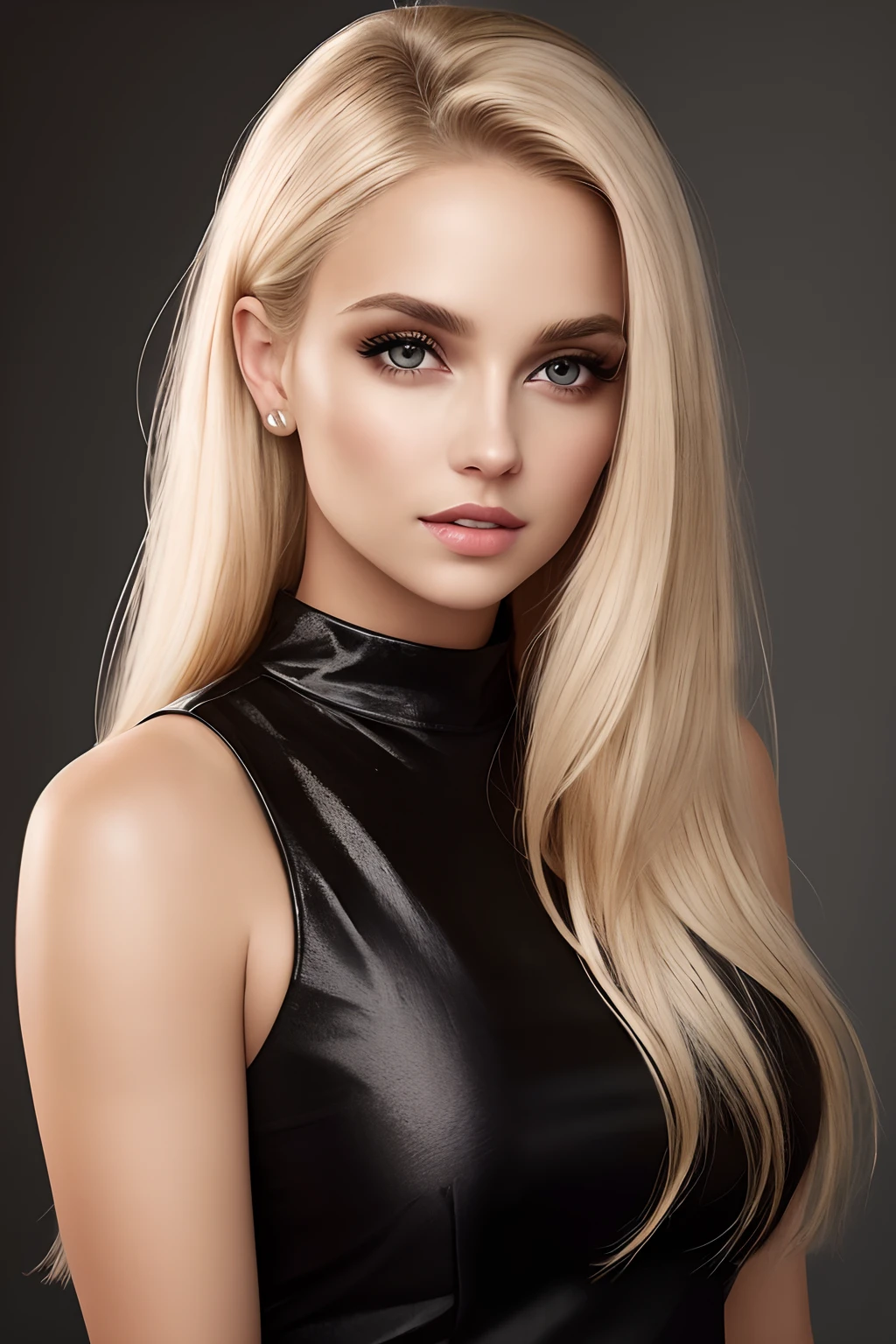 Aesthetic artwork, a woman, blonde hair, black eyes, straight hair, flushed cheeks, full lips, mischievous gaze, light brown skin, short black dress, sexy build,