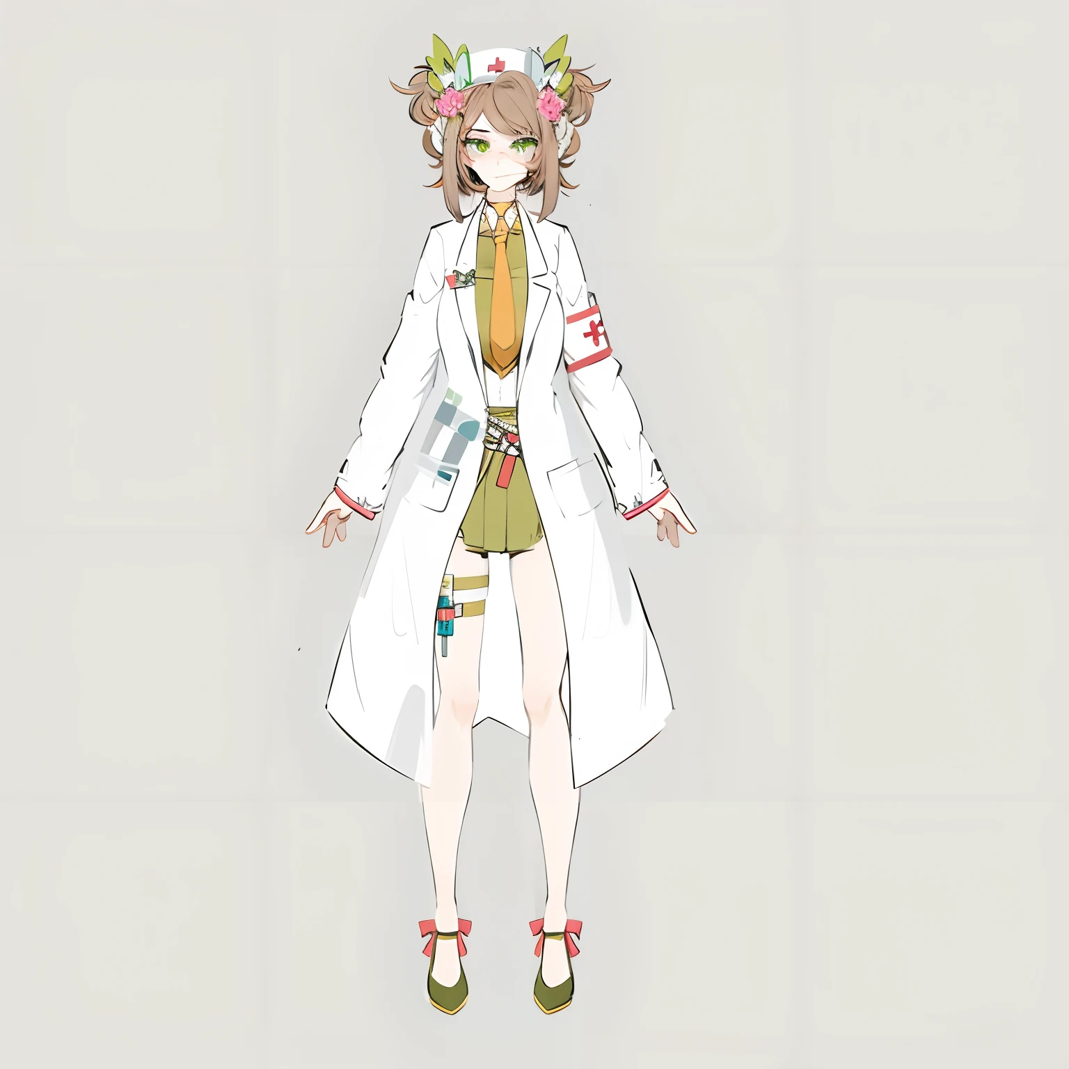 anime big breast ,Female nurse in white coat,brown hair,Green underwear,