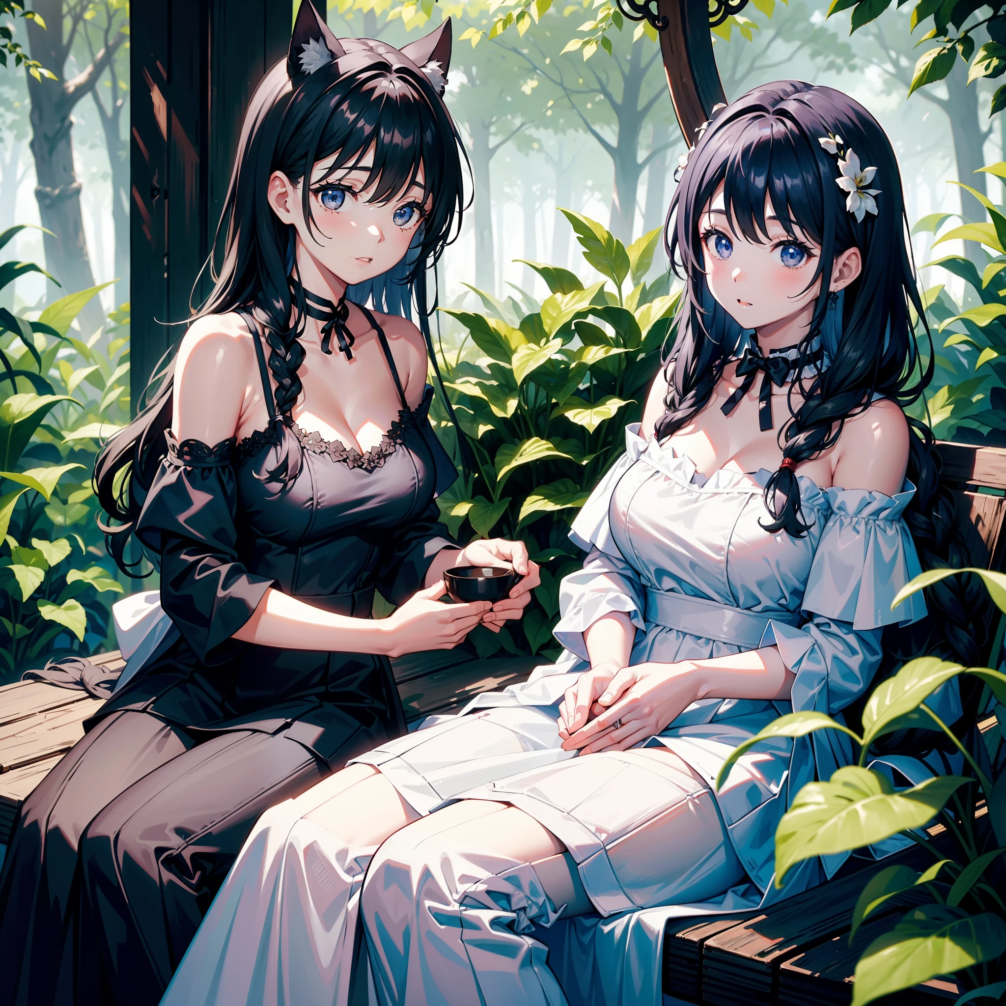 Two girls resting in a hut in the forest、Black and white off-the-shoulder dress、Sunlight、(Messy sunlight)、(Best Highlights)、(Best Shadows)、(Supreme details)、(Highest image quality 8K)、(Masterpiece)