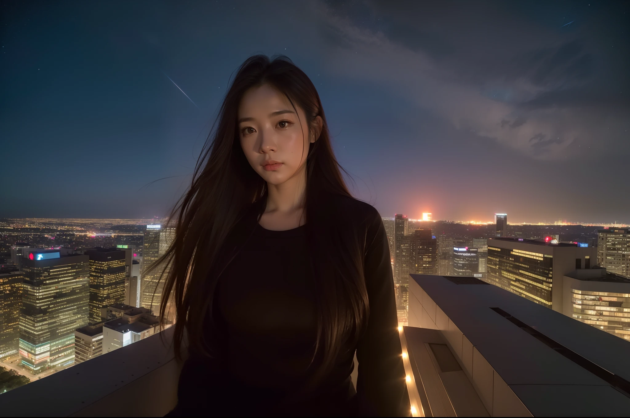1 Outdoor girls, late, starrysky, in a panoramic view, scenecy, horizon, the roof, sitting on rooftop,Look down on the city lights, ventania,The wind ruffled the long hair,super-fine,Works of masters,high qulity,8K分辨率,depth of fields,电影灯光,Epic shooting,high qulity,super-fine,Detailed pubic hair,Accurate,Cinematic lighting,((best qualtiy)), ((tmasterpiece)), (A detailed:1.4),Enhanced dynamic perspective