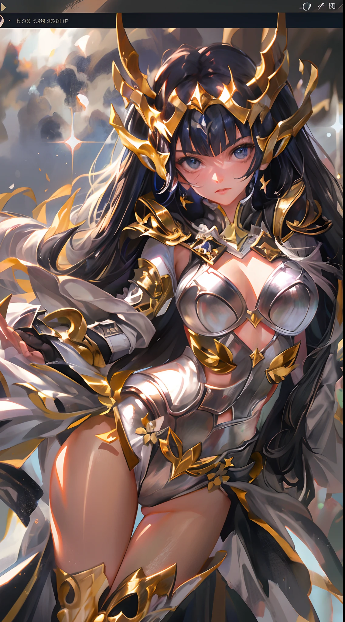 Ultra-high saturation，（tmasterpiece）， fully body photo，（best qualtiy）， （1girll）， starryskybackground，Wearing shiny gold armor， Sexy lingerie type armor，Expose your chest，Expose the waistline，Exposing thighs，cool-pose， Saint Seiya Armor， messy  hair，high detal, Anime style, Cinematic lighting, Sparkle, god light, Ray traching, filmgrain, hyper HD, textureskin, super detailing, Anatomical correct, A high resolution，Ultra-high saturation，hight contrast，High-gloss armor，Smooth skin，Serious expressions,Dark room,