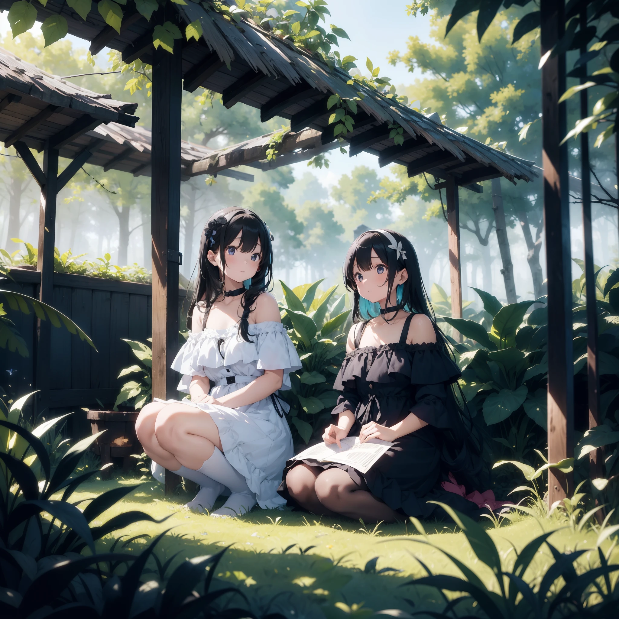 Two girls resting in a hut in the forest、Colorful paints、、Overgrown trees々、Black and white off-the-shoulder dresses、(Messy sunlight)、(Best Highlights)、(Best Shadows)、(highestdetailed)、(Highest image quality 8K)、(masutepiece)