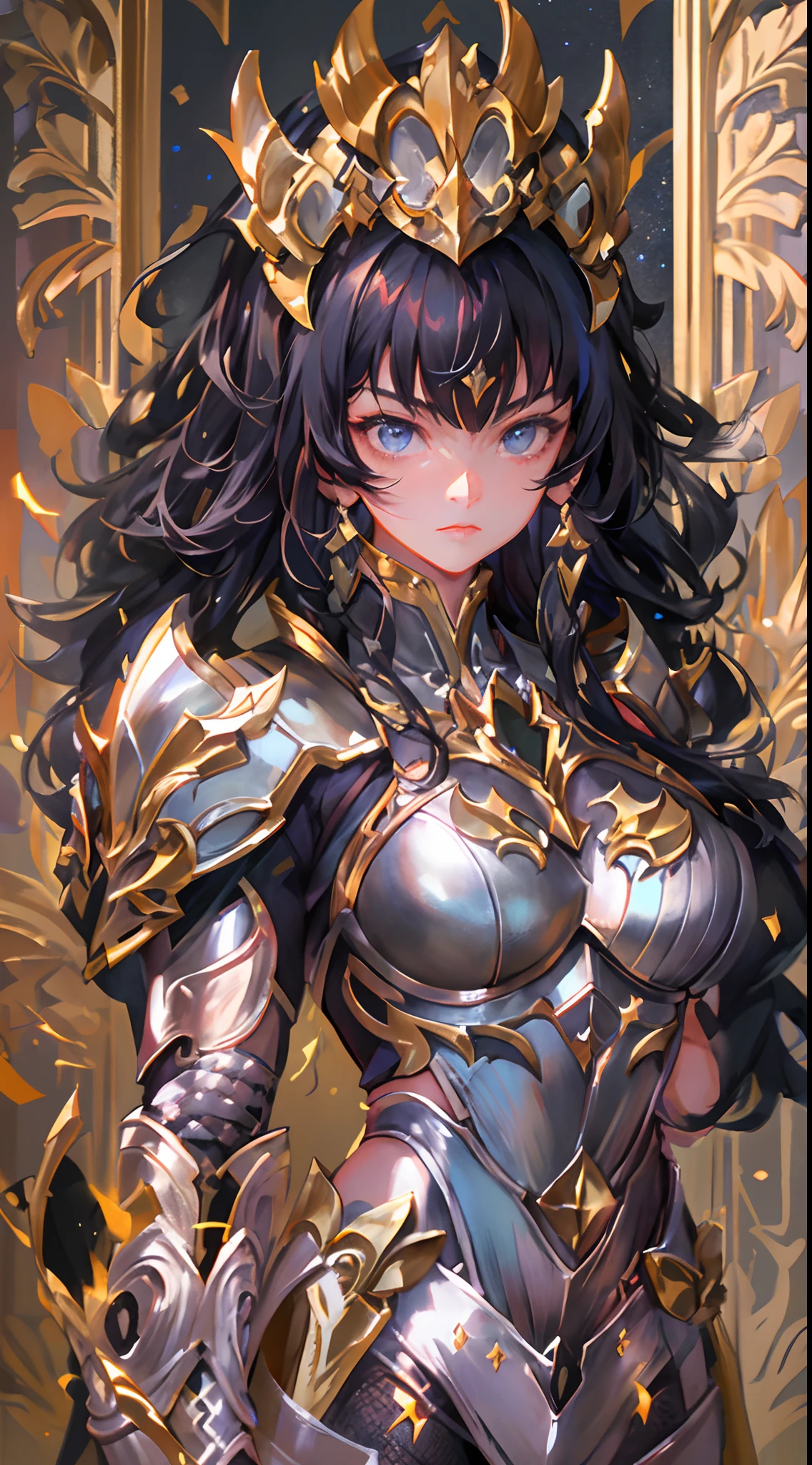 Ultra-high saturation，（tmasterpiece）， fully body photo，（best qualtiy）， （1girll）， starryskybackground，Wearing shiny gold armor， Sexy lingerie type armor，Expose your chest，Expose the waistline，Exposing thighs，cool-pose， Saint Seiya Armor， messy  hair，high detal, Anime style, Cinematic lighting, Sparkle, god light, Ray traching, filmgrain, hyper HD, textureskin, super detailing, Anatomical correct, A high resolution，Ultra-high saturation，hight contrast，High-gloss armor，Smooth skin，Serious expressions,Dark room,