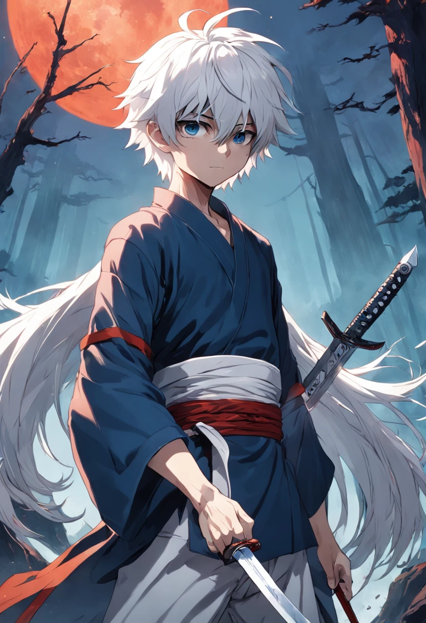 The boy with white hair,Thin and tall,Holding a long knife in pure white,A bandage is wrapped around the arm,Standing in the mountain of corpses