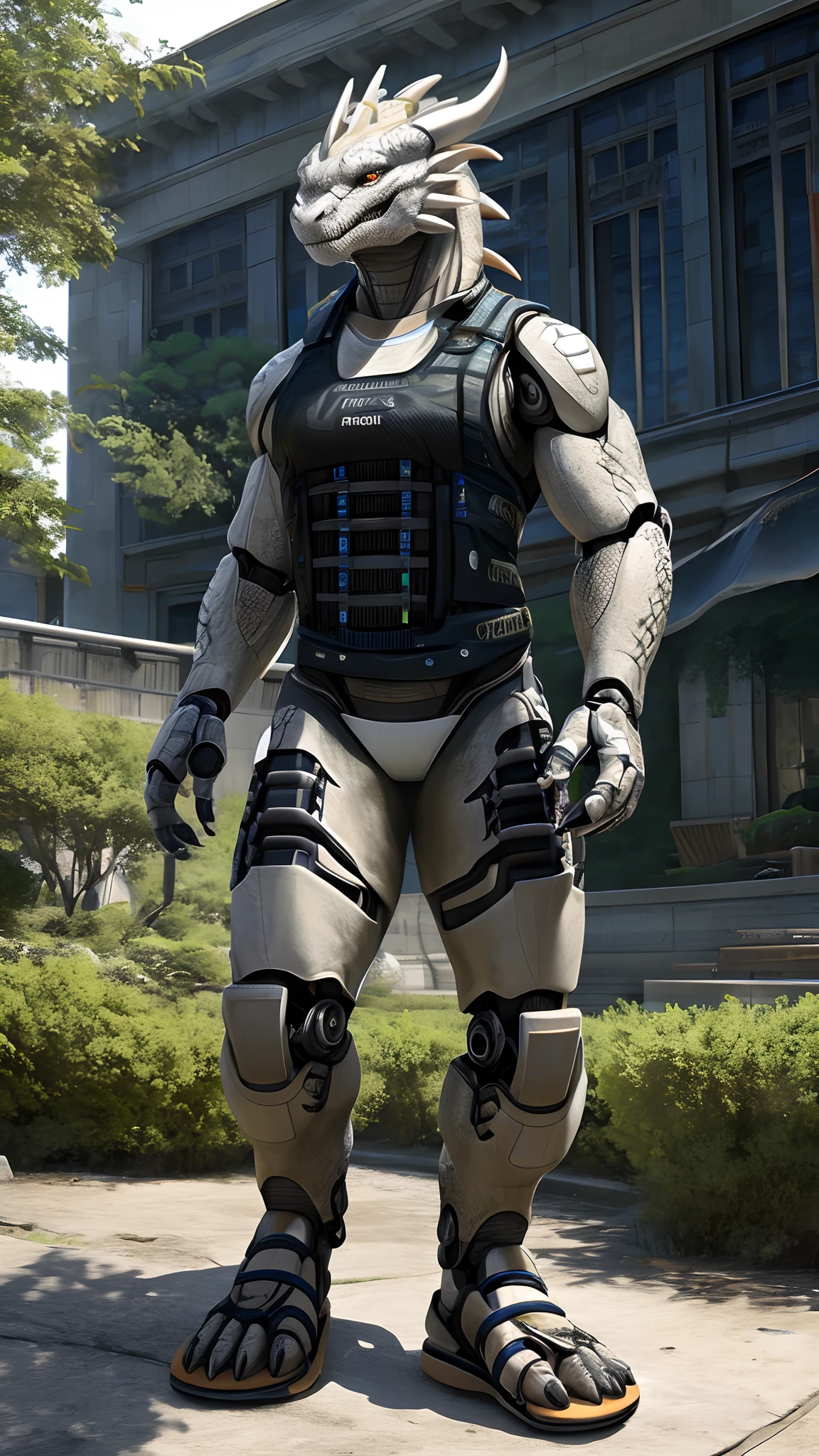Bionic robot dragon,female,Gilet blanc,white panties,sandals,HD graphics,Detailed and realistic,high detal,high qulity,photo-realistic,photorealistic eye,Detailed paws,Clear eyes,Masterpiece artwork