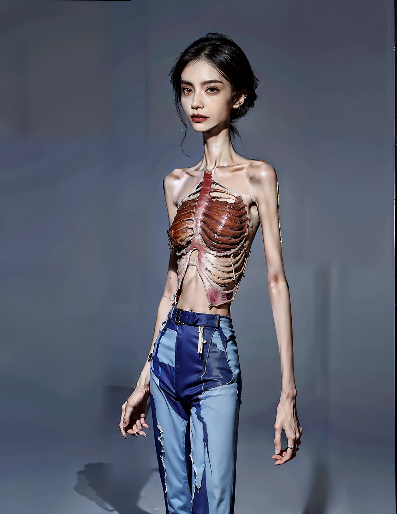 Skin and bones，emaciated，pelvic bone，the ribs，big breasts thin waist，Thin leg，flatchest，femele，sternum，鎖骨，skinny pants