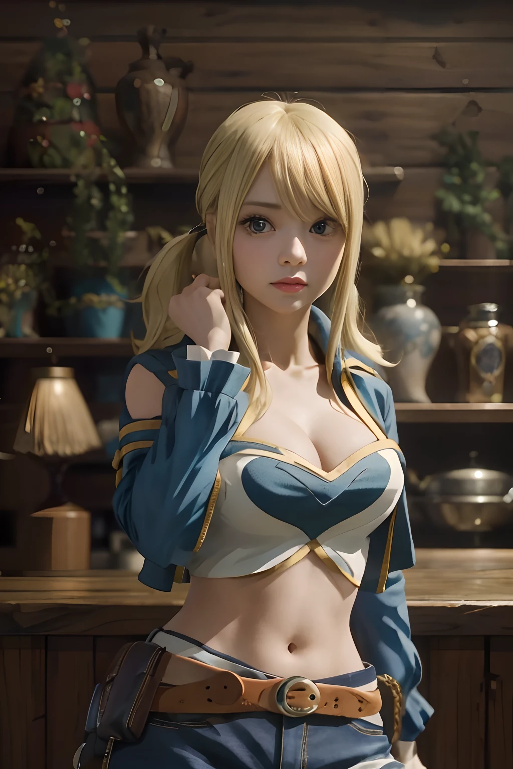master part, best quality, alto, Lucy Heartfilia, blonde hair, Cabelos Longos, seios muito grandes, camisa branca, manga, belt, saia azul, cowboy shot, Standing, inclinando-se para a frente,