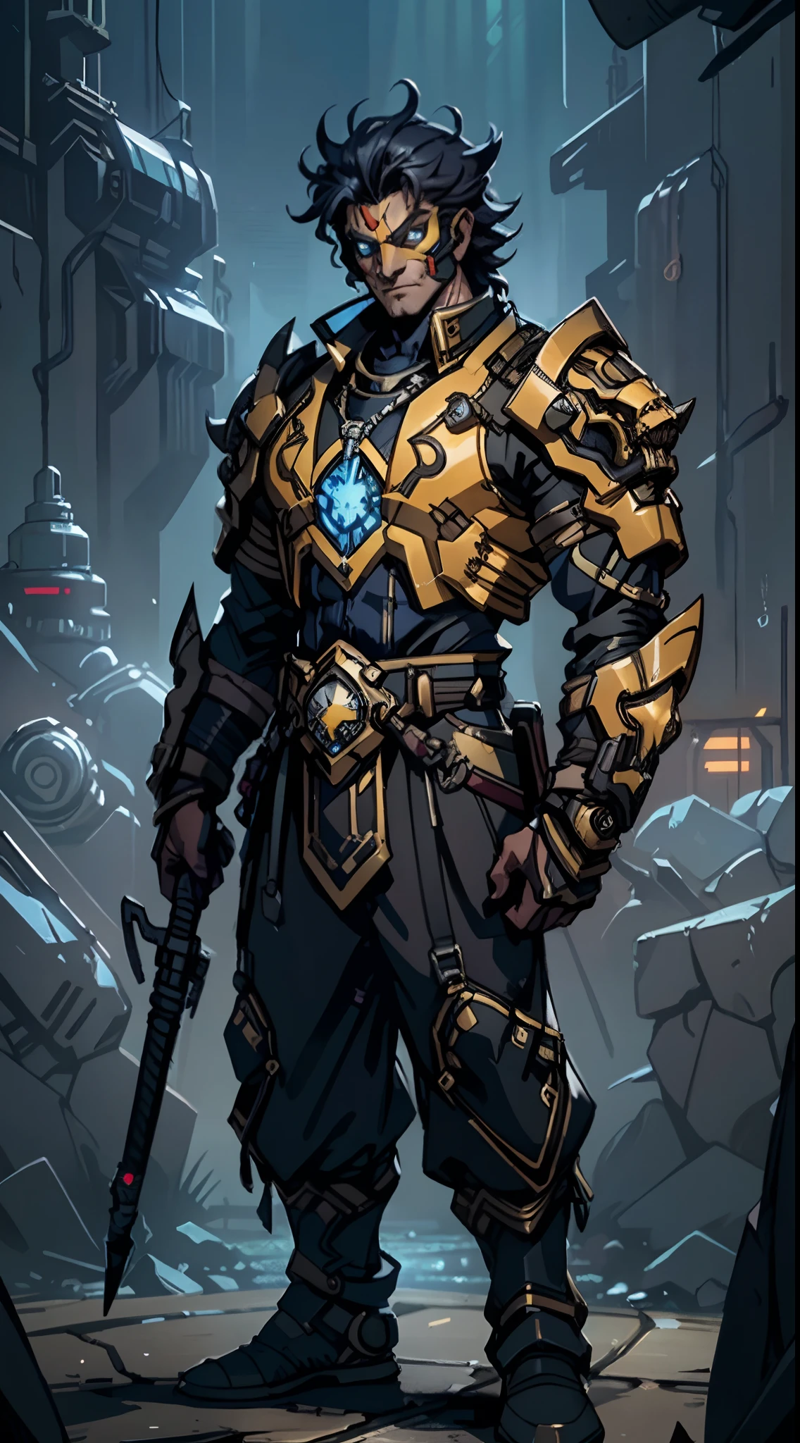 an adult man with messy hair, adorned with a metallic beast mask, his gaze is cold and sharp, a smirk curling at the corner of his mouth, he's clad in a tight-fitting cyberpunk-style shirt, overlaid with a loose jacket, wears high-quality utility pants, his demeanor is cool and indifferent, this character epitomizes a meticulously designed sci-fi themed masked warrior in an anime aesthetic, characterized by a sophisticated and mature manga art style, ((character concept art)), full body character drawing, high definition, best quality, ultra-detailed, extremely delicate, anatomically correct, symmetrical face, extremely detailed eyes and face, high quality eyes, creativity, RAW photo, UHD, 16k, (Natural light, professional lighting:1.2, cinematic lighting:1.5), (masterpiece:1.5)