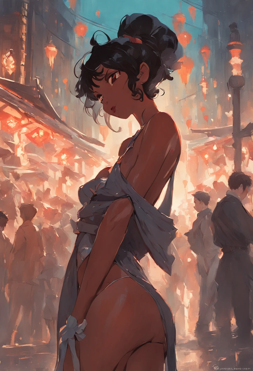 a body shot of a ebony woman as Pin Up Syle, illustration by Ed Blinkey, Atey Ghailan, Studio Ghibli, by Jeremy Mann, Greg Manchess, Antonio Moro, trending on ArtStation, trending on CGSociety, Intricate, High Detail, Sharp focus, dramatic, illustration by midjourney and greg rutkowski