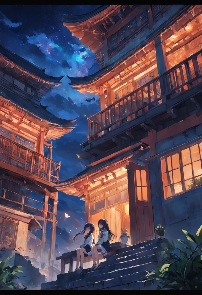 1 Outdoor girls， late， starrysky， in a panoramic view， scenecy， horizon， the roof， sitting on rooftop， ventania，（wide angles，Ultra HD details，Masterpiece, hyper HD, Super detail, High details, Best quality, A high resolution, Award-Awarded, 8K），（电影灯光）