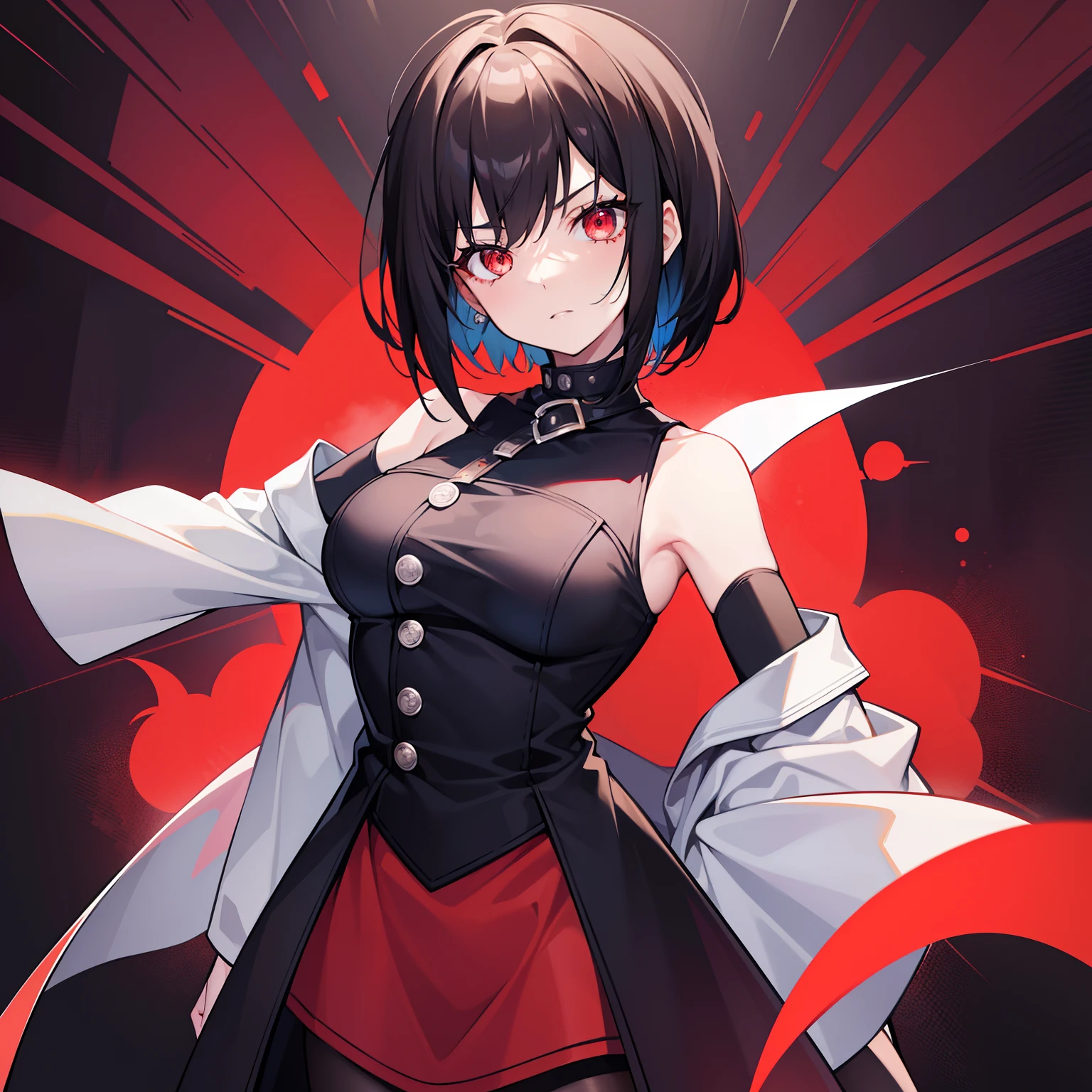 1girl, short black hair, red eyes, wearing black simple clothing, high res, ultrasharp, 8K, masterpiece, looking at viewer, central character. She stands confidently in the center, with a determined expression on her face. The background is fully white, fashionable, woman, vibrant, outfit, posing, front, colorful, dynamic, background, elements, confident, expression, holding, statement, accessory, majestic, coiled, around, touch, scene, attention-grabbing, stylish, catchy, larger, striking, modern, trendy, focus, hands behind her back