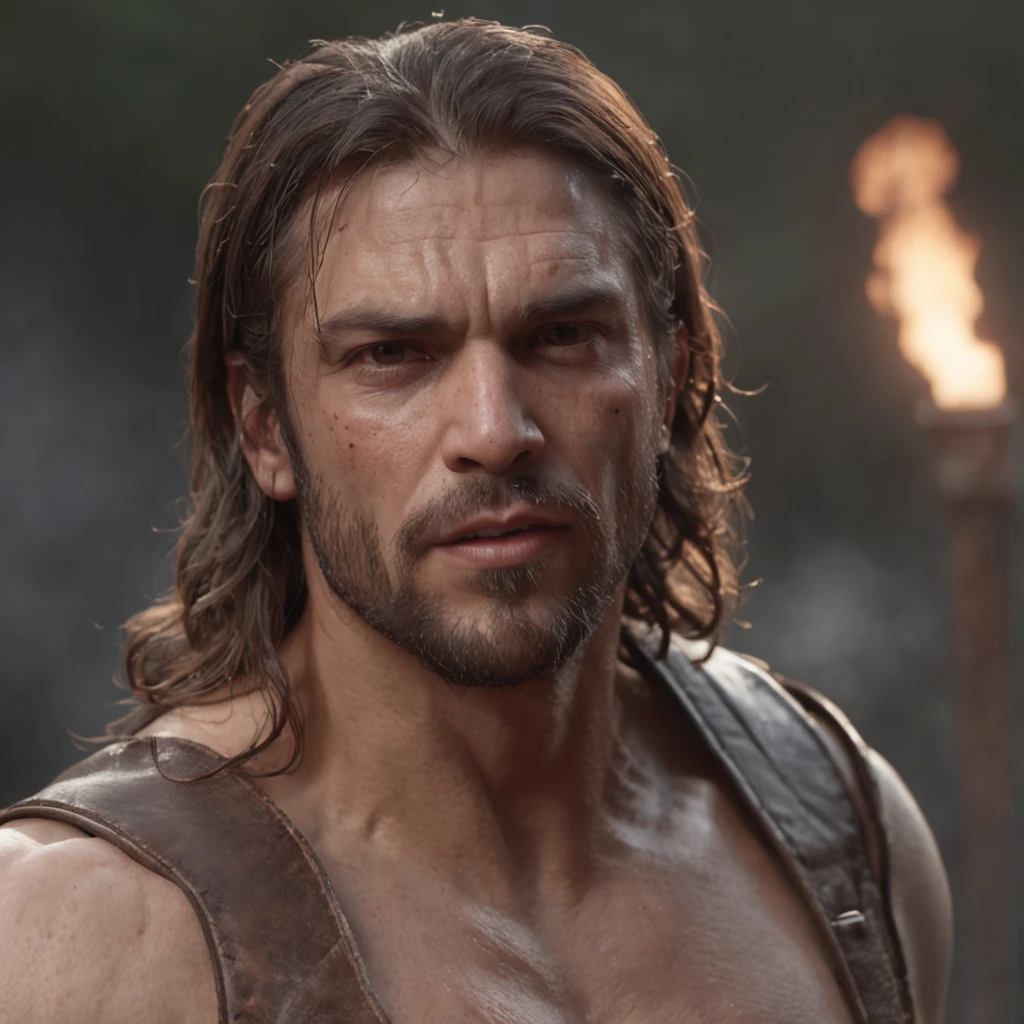 (Professional 3D rendering:1.3) de (Realistic:1.3) Foto de arte mais bonita do mundo,Features soft, bright male heroes, ((Epic hero fantasy rough muscular man wet hero angry look long hair short beard and fierce expression in dynamic pose, fantastic location, majestoso ambiente desordenado)), corpo inteiro 8k unidade render, action shot, poros da pele, very dark lighting, sombreamento pesado, circunstanciado, Rosto detalhado, (vibrante, fotogrdeia realista, Realistic, Dramatic, Escuro, foco nítido, 8k), (Old leather clothes damaged by bad weather:1.4), ((((Use peles)))), (intrincado:1.4), decadente, (altamente detalhado:1.4), pintura digital, rendering by octane, art stations, Conceito-Arte, liso, foco nítido, illustration, germe da arte, (Loish:0.23), Wlop Ilya Kuvshinov, e Greg Rutkowski e Alphonse Mucha Gracias, (global ilumination, studiolight, Light Volumetric), chuva forte, floating particles, patife, fantasia, Onze, corpo inteiroesbian, ((Fundo escuro e antigo da cidade:1.3)),CGSesociedade,art stations