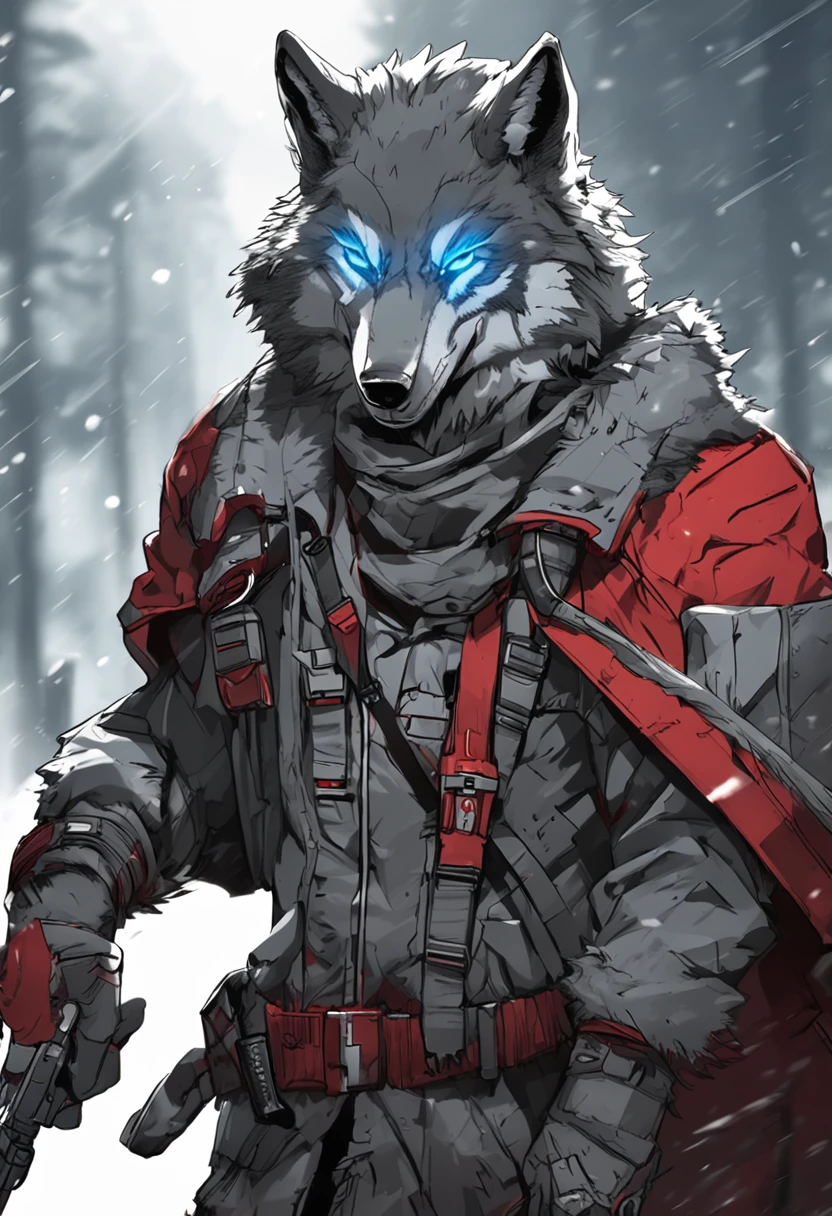 shaggy, Furry male wolf, Male gray fur, red dragon eye,high and cold,Handsome,Wear a gray coat,wear short shorts,No shoes,Cyberpunk style wolf character。On the left side wears a sharp blue sword,There is a red katana on the right,Red pupils,Long tail,Strong