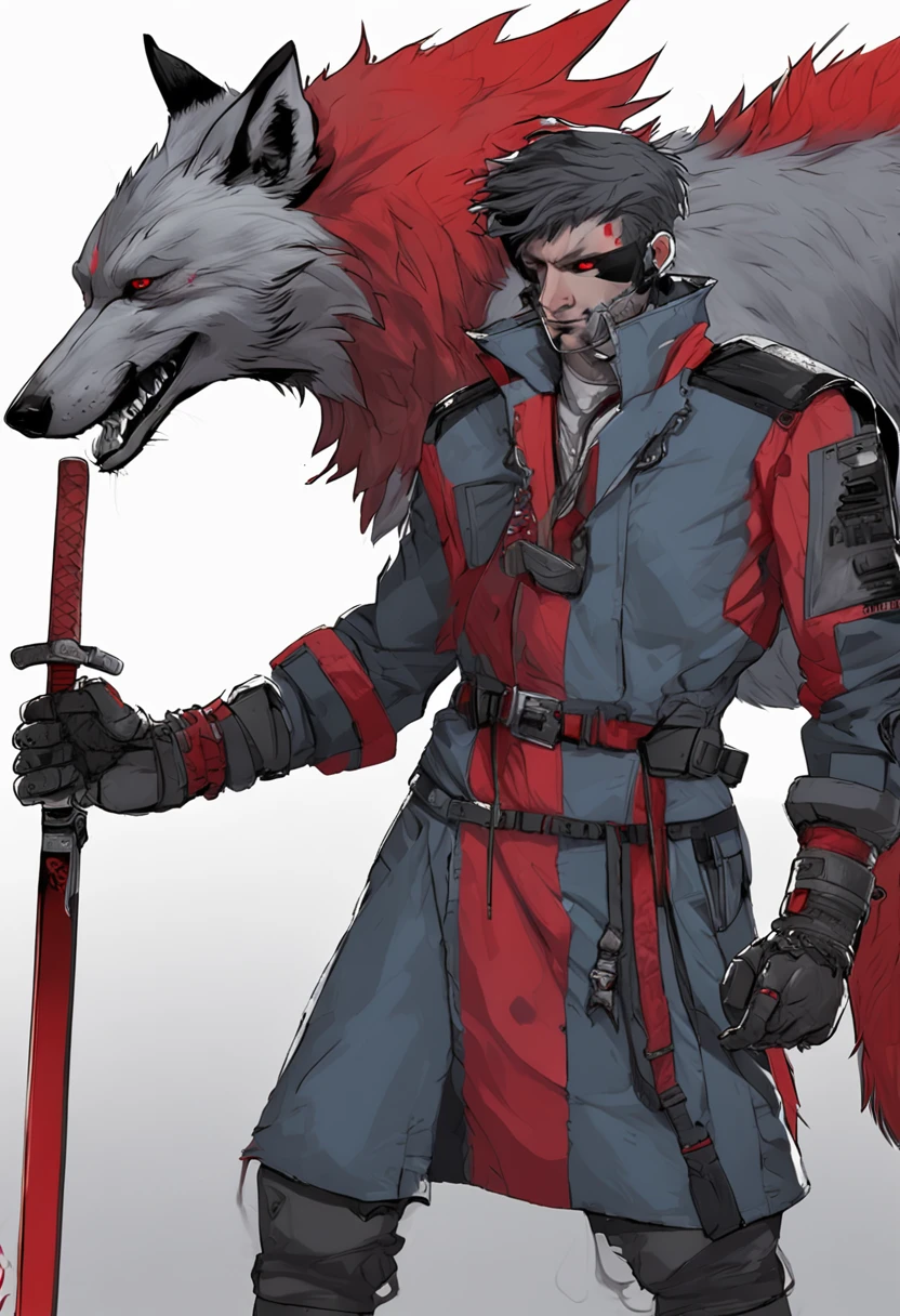 shaggy, Furry male wolf, Male gray fur, red dragon eye，high and cold，Handsome，Wear a gray coat，wear short shorts，No shoes，Cyberpunk style wolf character。On the left side wears a sharp blue sword，There is a red katana on the right，Red pupils，Long tail，Strong
