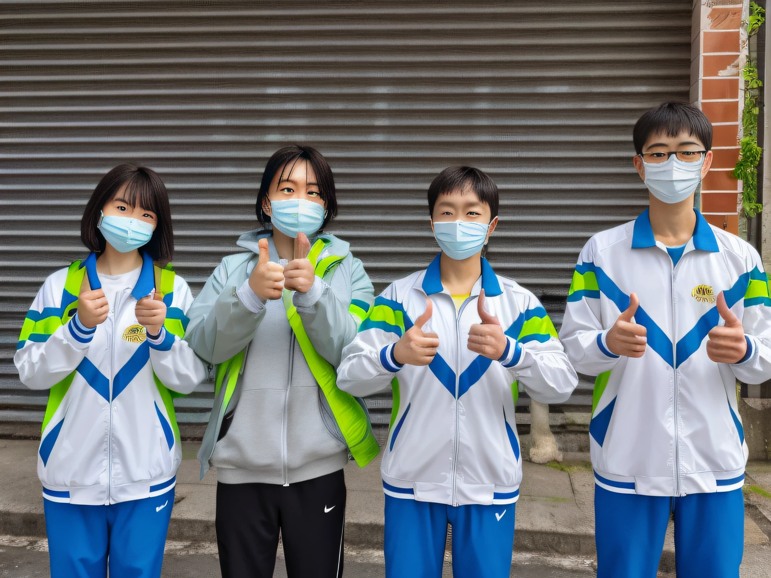 Three people wore masks，Give a thumbs up in front of the building, people are wearing masks, from china, some of them use gask mask, wearing face mask, surgical mask covering mouth, photograph taken in 2 0 2 0, 8K)), wearing facemask and sunglasses, wearing face mask, wearing track and field suit, 3 4 5 3 1, Wearing a mask