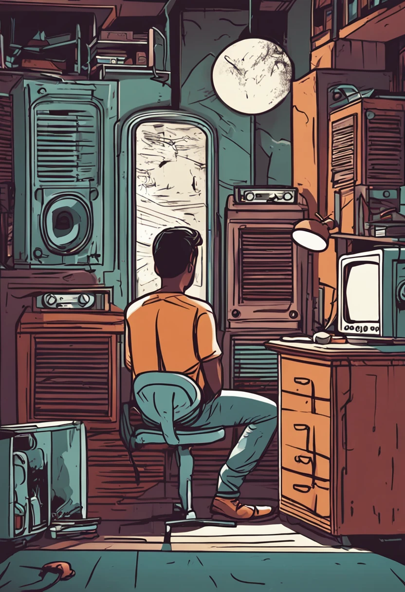 Young man is listening to old radio cartoon drawing style in his room，In a dark and eerie atmosphere - v 16:9