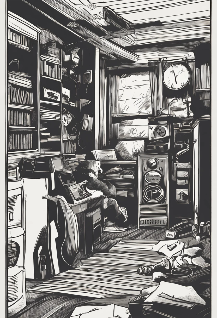 Young man is listening to old radio cartoon drawing style in his room,In a dark and eerie atmosphere - v 16:9