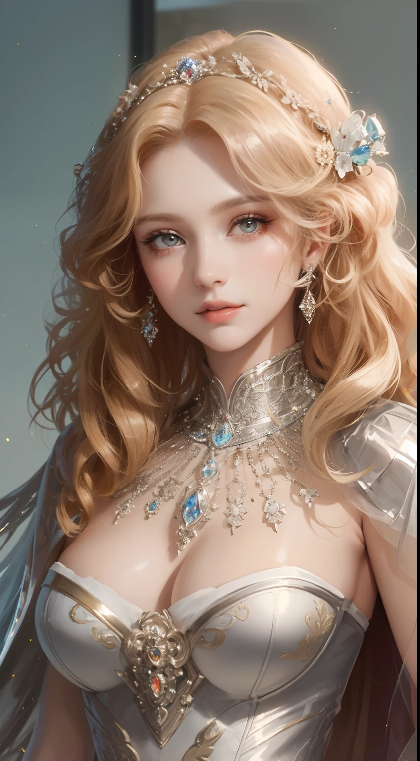 (Ultra-high quality masterpiece,Beautiful bust of an 18-year-old noble girl,Classical coiled hair,Large curly hair at the end,The eyes are shiny and clear,Floral craftsmanship,Crystal jewelry,Ultra-fine details,Soft lighting)