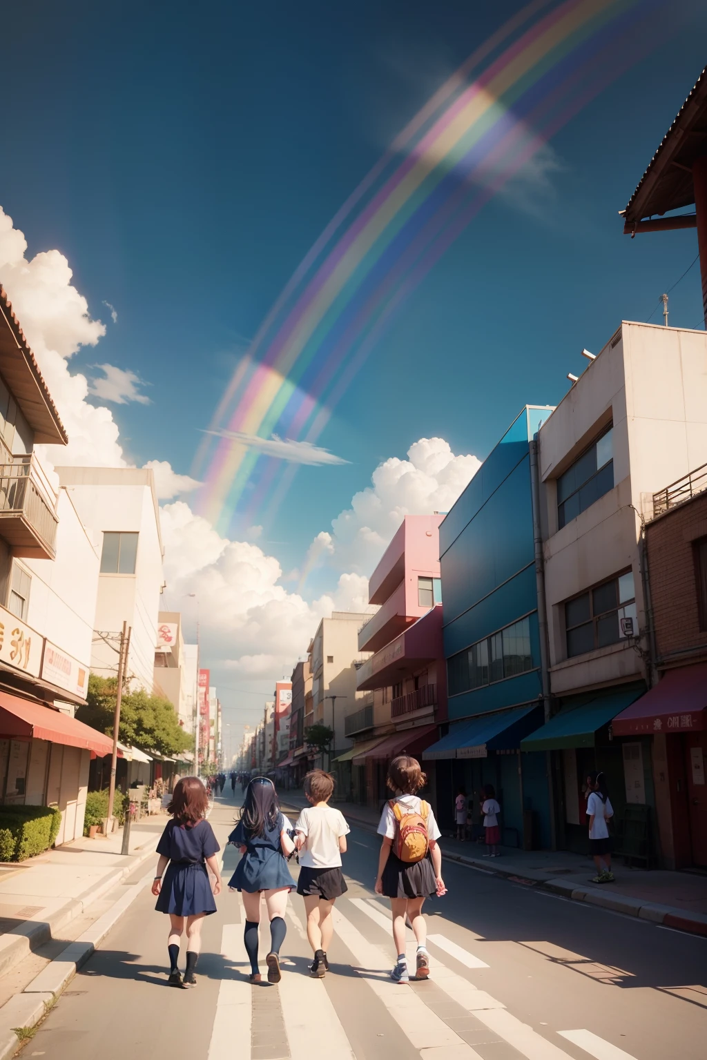 Children seeing rainbows in anime city