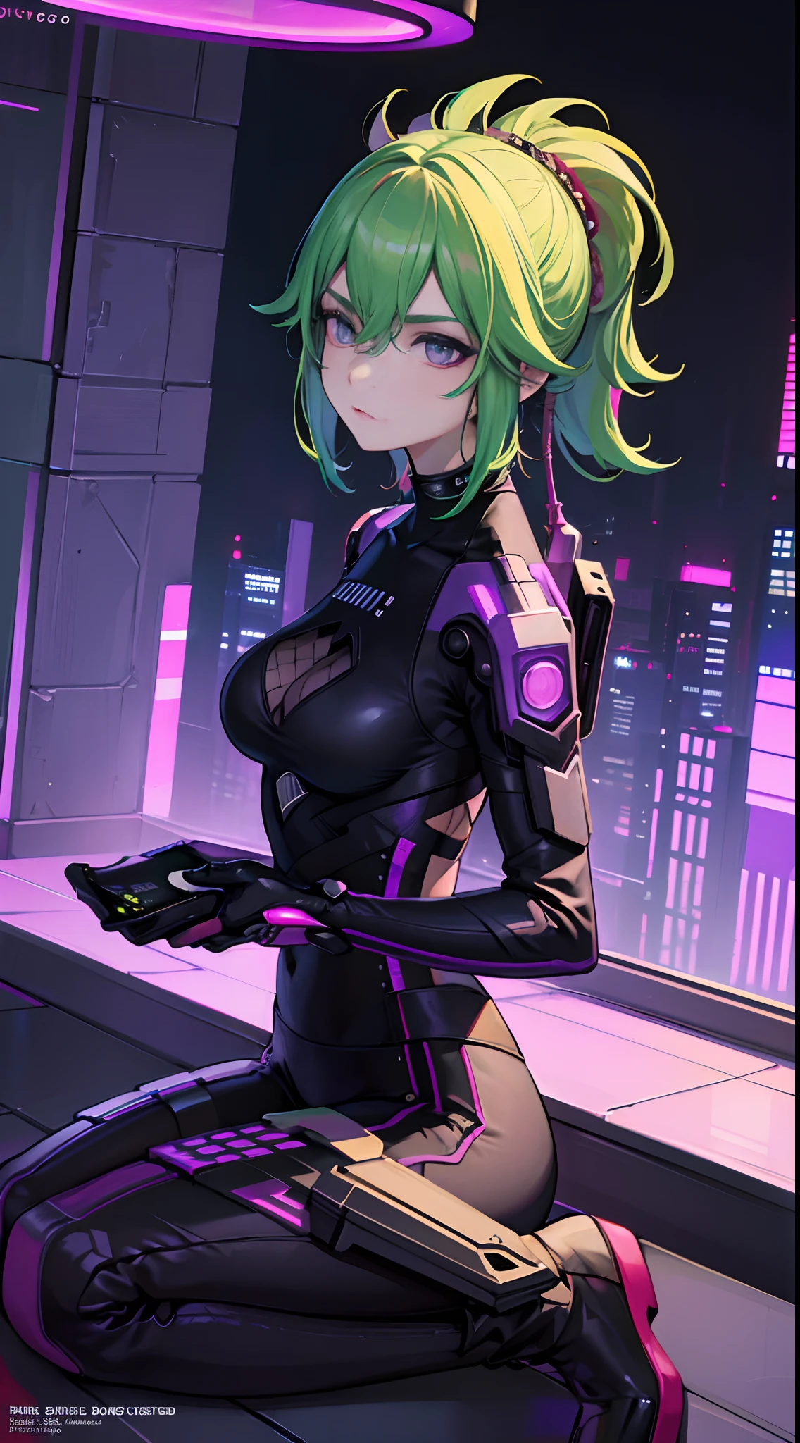 best picture quality, masterpiece, ultra-high resolution, (fidelity:1.4), Photograph, Skin, ((Cyberpunk characters)), Cyber Series, future, ((ultra realistic, awarded photograph)),(hyper-detail),(intricate detailed),(8k high resolution CGI artwork),A woman in,The cyberpunk living room of the future/bedroom/kitchen/balcony,Cyberpunk Urban Landscape Details。Style of the future,Available in many colors and LED lights.......。The cityscape should be very detailed.......,deep depth of field。Create depth with atmospheric light,Wide-angle lens showing room and window。Use atmospheric and volumetric lighting to enhance cityscape details.......。The room should be illuminated with neon lights of the city scenery......., Textured pastel backgrounds, colourful, vibrant