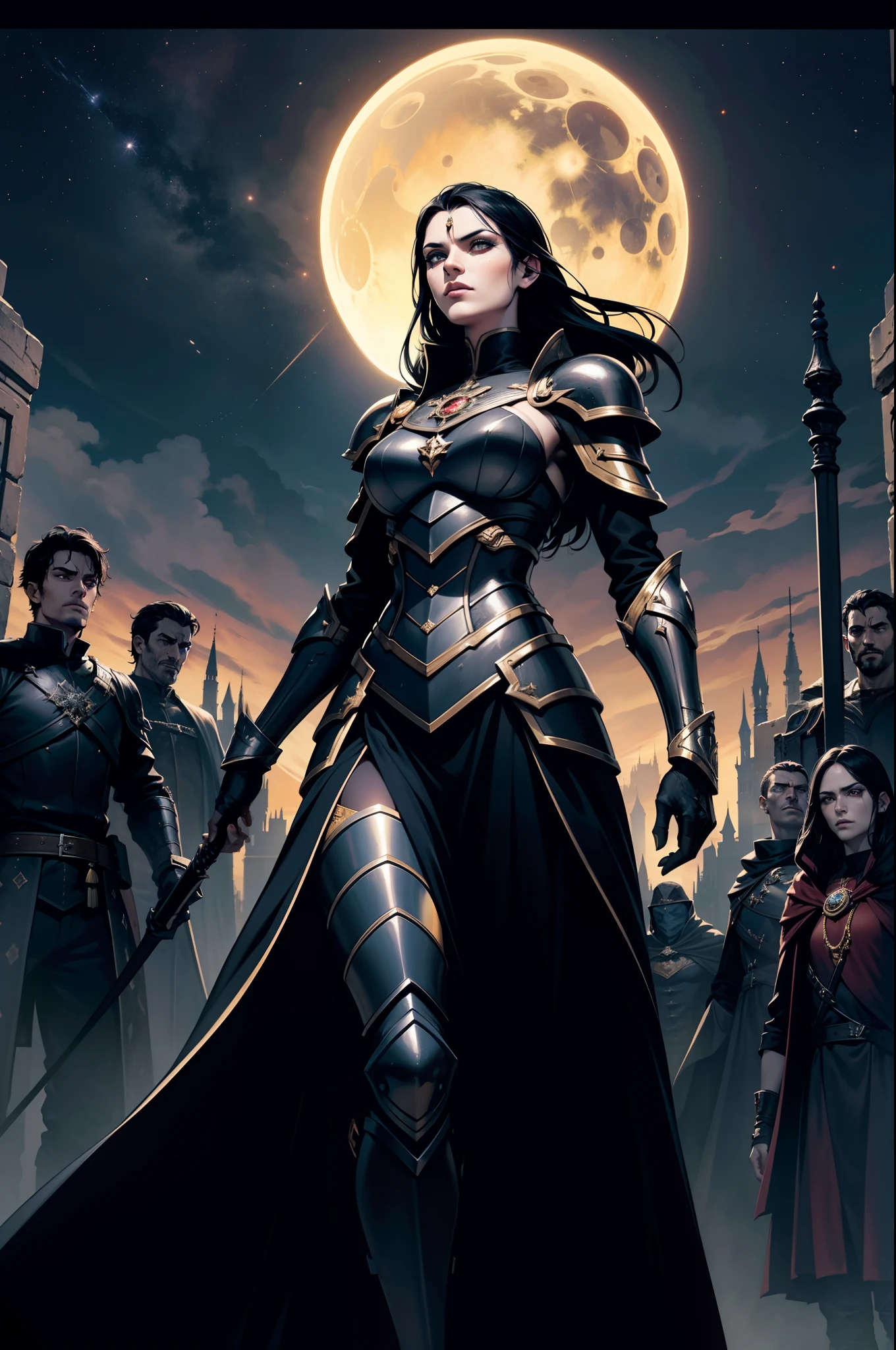 Eclipse, Legion of black-haired characters, Black and gold Gothic armor, capuz, manto, portal, Magnificent, castelo, portal, armadura com detalhes arcanos, Starry sky with red and black clouds, Magnificent, dramatic scene, 8k, cor amarela dos olhos, roupas detalhadas, guerreiros com capuz, Legion of warriors in Gothic armor, Dramatic scene involving many people under an eclipse, caminhando nas escadas