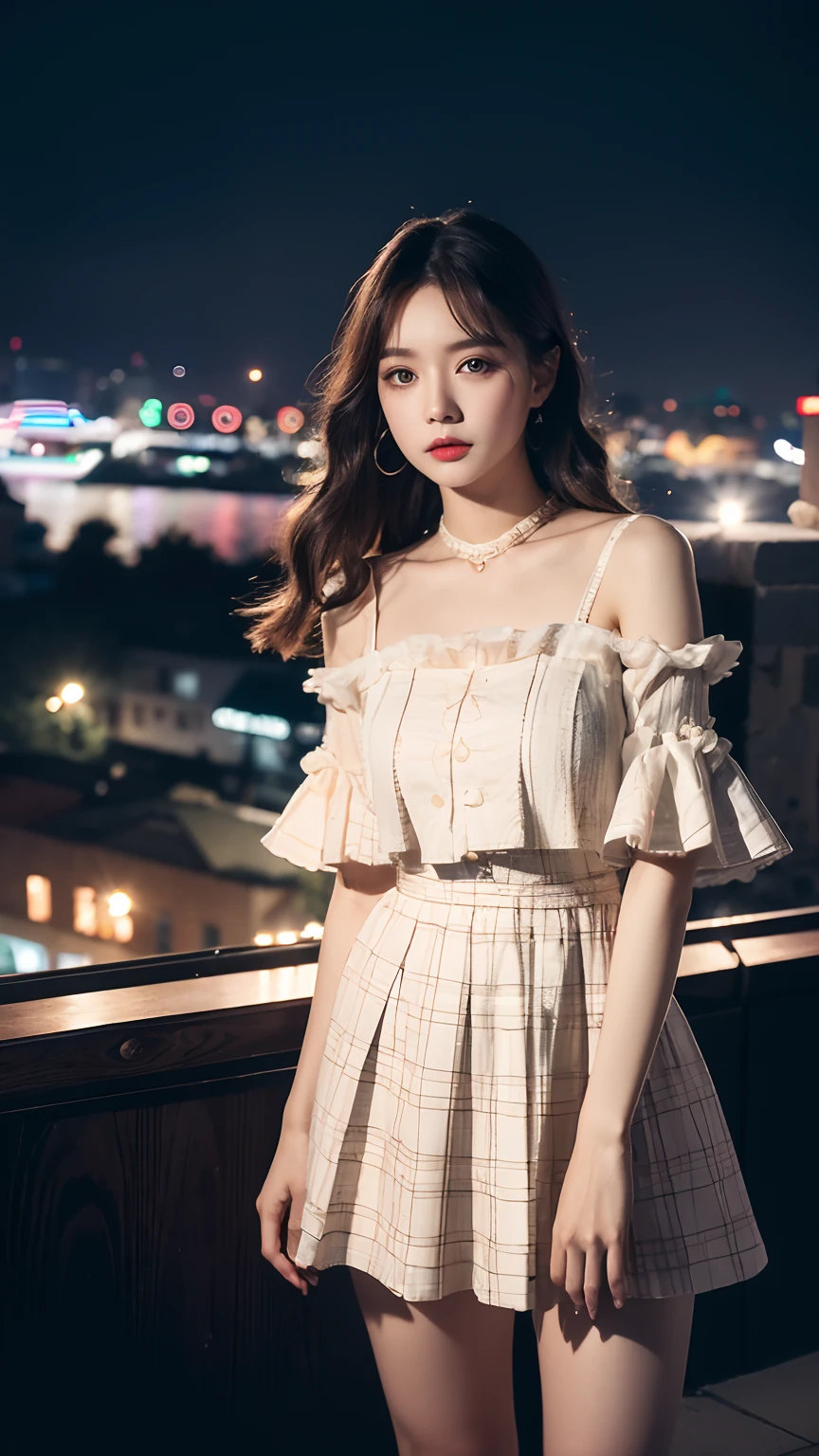 Estampados florales, (Night view background:1.5), (1girll:1.6), Long hair, ulzzang-6500v1.1, (Source language: 1.2), (Realistic: 1.3), beautiful girl with beautiful details, Extremely detailed eyes and face, Eyes with beautiful details, Absurd, unbelievable Ridiculous, hugefilesize, Ultra detail, high resolution, Ultra detailed, Best quality, Masterpiece, illustration, Ultra detailed and beautiful, Ultra detailed, CG, Unity, 8K wallpaper, Amazing, finedetail, Masterpiece, Top quality, offcial art, Extremely detailed Cg Unity 8K wallpaper, Cinematic lighting, (Perfect shiny skin:0.6), Slim and smooth lines, (Floating),1womanl, Sexy street girl, As a well-known Instagram influencer,(Lolita costume:1.2),(Dynamic clothing color scheme)，(cropped shoulders，Superskirt)， standing, At night at a busy intersection crosswalk, view the viewer, (Shoot from the thigh upwards:1.5), Seductive，Clear face，Look at the audience，(ultra realistic 8k photography)，Clear details，