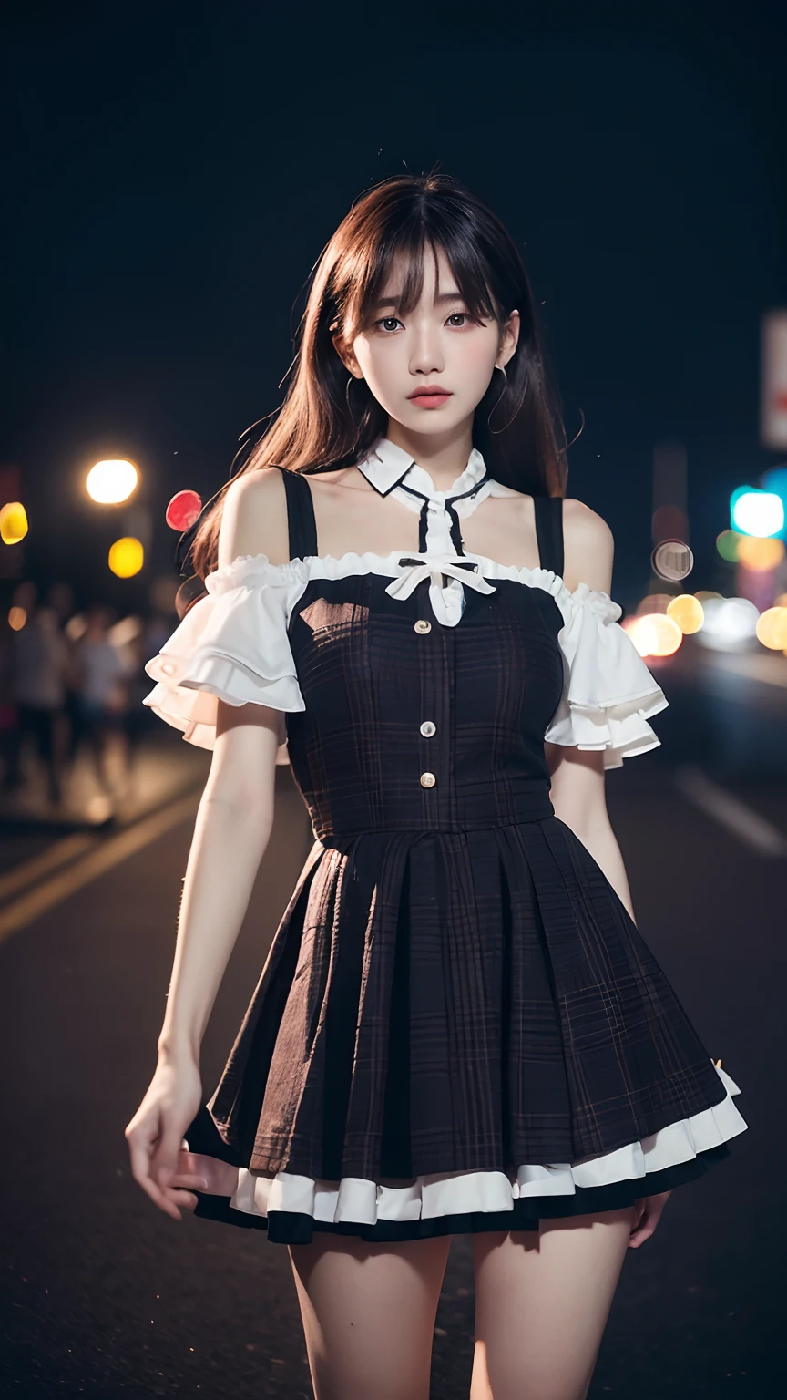 Estampados florales, (Night view background:1.5), (1girll:1.6), Long hair, ulzzang-6500v1.1, (Source language: 1.2), (Realistic: 1.3), beautiful girl with beautiful details, Extremely detailed eyes and face, Eyes with beautiful details, Absurd, unbelievable Ridiculous, hugefilesize, Ultra detail, high resolution, Ultra detailed, Best quality, Masterpiece, illustration, Ultra detailed and beautiful, Ultra detailed, CG, Unity, 8K wallpaper, Amazing, finedetail, Masterpiece, Top quality, offcial art, Extremely detailed Cg Unity 8K wallpaper, Cinematic lighting, (Perfect shiny skin:0.6), Slim and smooth lines, (Floating),1womanl, Sexy street girl, As a well-known Instagram influencer,(Lolita costume:1.2),(Dynamic clothing color scheme)，(cropped shoulders，Superskirt)， standing, At night at a busy intersection crosswalk, view the viewer, (Shoot from the thigh upwards:1.5), Seductive，Clear face，Look at the audience，(ultra realistic 8k photography)，Clear details，