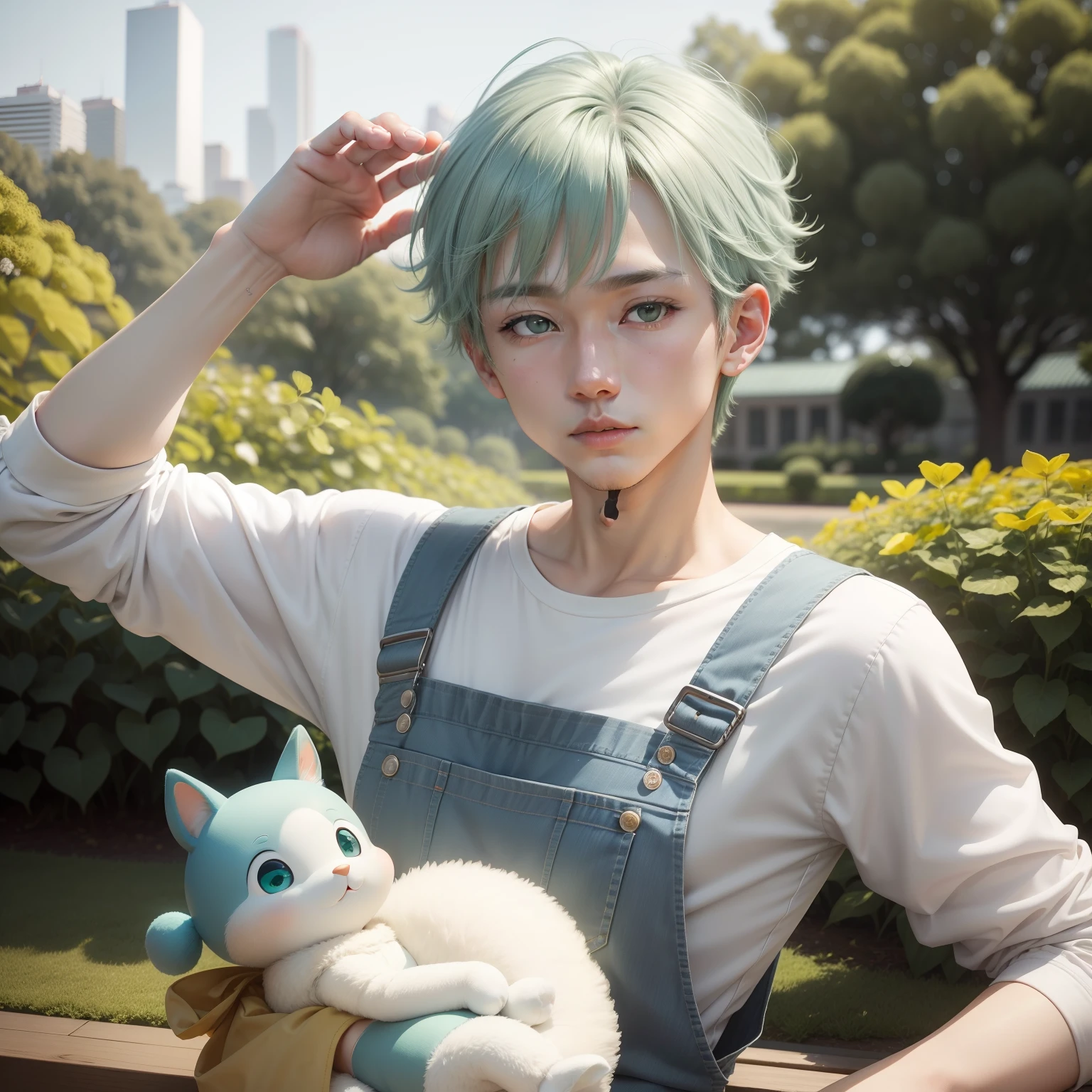Similar to singer-songwriter Wentz Age(1 :1.1).、Features large blue-green eyes and pale green hair。He has the most pleasant look。He has a slim figure and、、、、、Wearing luxurious white trainers and gray overalls。Lively。 He raises one hand in greeting。Royal Botanic Gardens blooming in the background,His gaze turned to the camera.、Create close-up headshots。