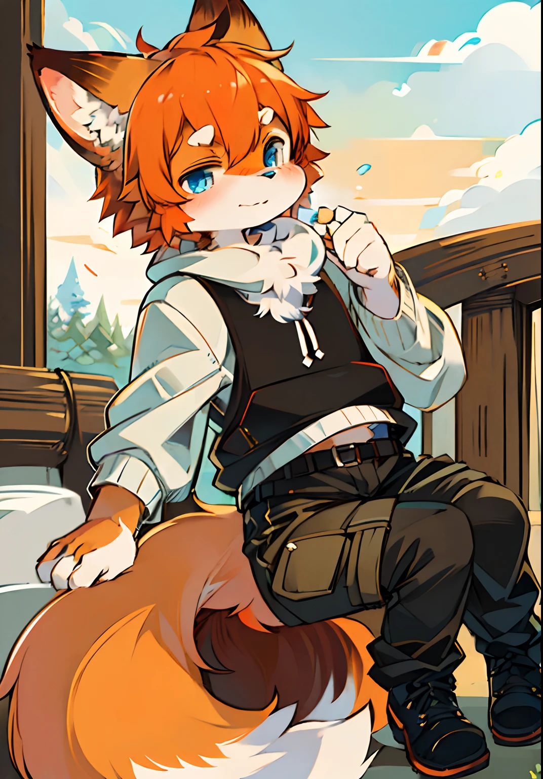 (ambiente dark:0.8),Masterpiece,High quality,abstract res,Digital painting\(artwork of a\), by Dagasi, Yupa,Kiyosan,(anthro,Fluffy fur,Character focus:1.1),anthro male cat,Short hair,Portrait , eyes with brightness, in a panoramic view, Character focus.(detailedbackground:0.7), 独奏, shaggy, shaggy male, malefocus, anthr,(Full Body Furry, Fluffy tail, Orange fur, Sky blue eyes, Orange hair:1.2), (long canines、White sweatshirt,Black cargo pants),(open air、schools,In the daytime)