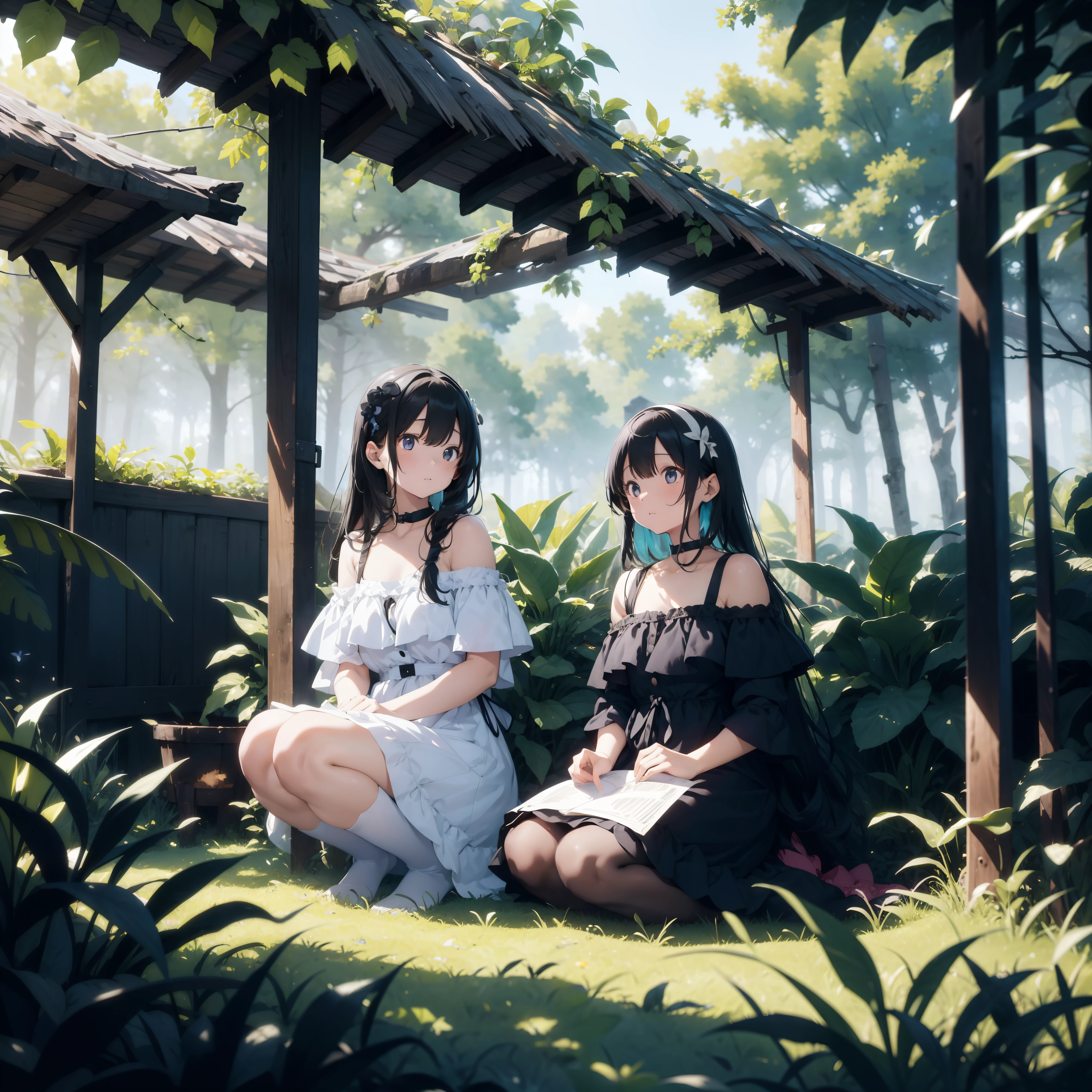Two girls resting in a hut in the forest、Colorful paints、、Overgrown trees々、Black and white off-the-shoulder dresses、(Messy sunlight)、(Best Highlights)、(Best Shadows)、(highestdetailed)、(Highest image quality 8K)、(masutepiece)