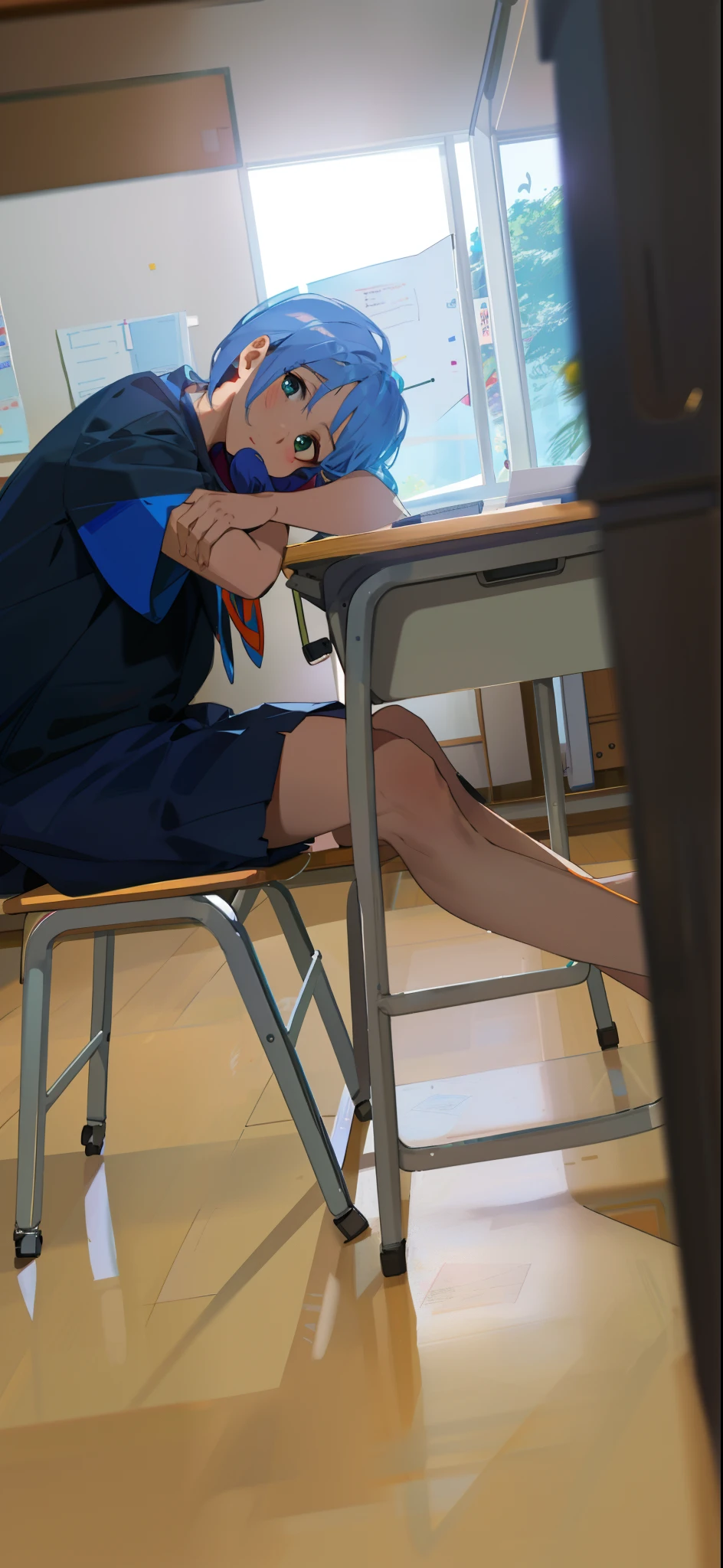 There was a woman sitting at her desk,Put your head on your hands, Crossed legs, Sitting at your desk, legs visible, Sitting at your desk, trying to study, sittinng on the desk, knees tucked in, Sitting in the classroom, sittinng on the desk, In a classroom, her foot sticking out, looking distracted and awkward, candid shot