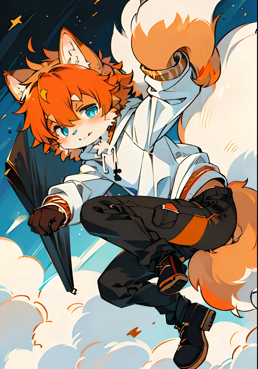(ambiente dark:0.8),Masterpiece,High quality,abstract res,Digital painting\(artwork of a\), by Dagasi, Yupa,Kiyosan,(anthro,Fluffy fur,Character focus:1.1),anthro male cat,Short hair,Portrait , eyes with brightness, in a panoramic view, Character focus.(detailedbackground:0.7), 独奏, shaggy, shaggy male, malefocus, anthr,(Full Body Furry, Fluffy tail, Orange fur, Sky blue eyes, Orange hair:1.2), (long canines、White sweatshirt，Black cargo pants），（open air、schools，In the daytime）