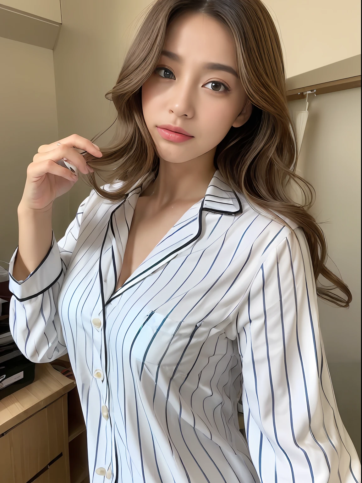 ((top-quality、8k、​masterpiece:1.3))、Beautiful woman with perfect body:1.4、slim abdomen:1.2、Longhair, normal breast, Highly detailed facial and skin texture, A detailed eye, delicate eyes, double eyelid, (smile), (full body shot), ((bedroom)), (kneeling on the bed 1.1), (((wearing grey pyjamas)), looking in front
