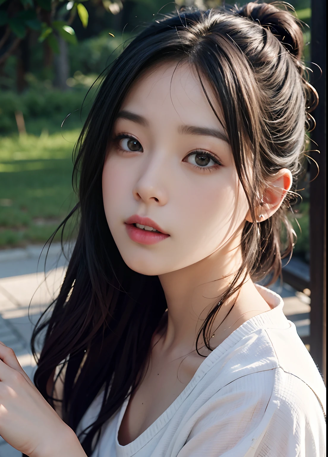 (in 8K、Raw photography、top-quality、​masterpiece:1.2)、(realisitic、Photorealsitic:1.37)、1girl in、japanes、femele、((Detailed face))、Detailed lips、(A detailed eye)、((More skin))、((Wet Komono))、(Small :1.3)、(cammel toe)、perfectbody、(Wet body:1.2)、shinny skin、((dark brown hair、detailed tits：1.3))、(natural soft light、Wasteland:1.grass field)、((the morning sun))、(Highly detailed facial and skin texture)、((Ponytail))、(bangss)、(splash water)、((under the rain))、(length hair)、((Upward perspective))、crystal-clear water、