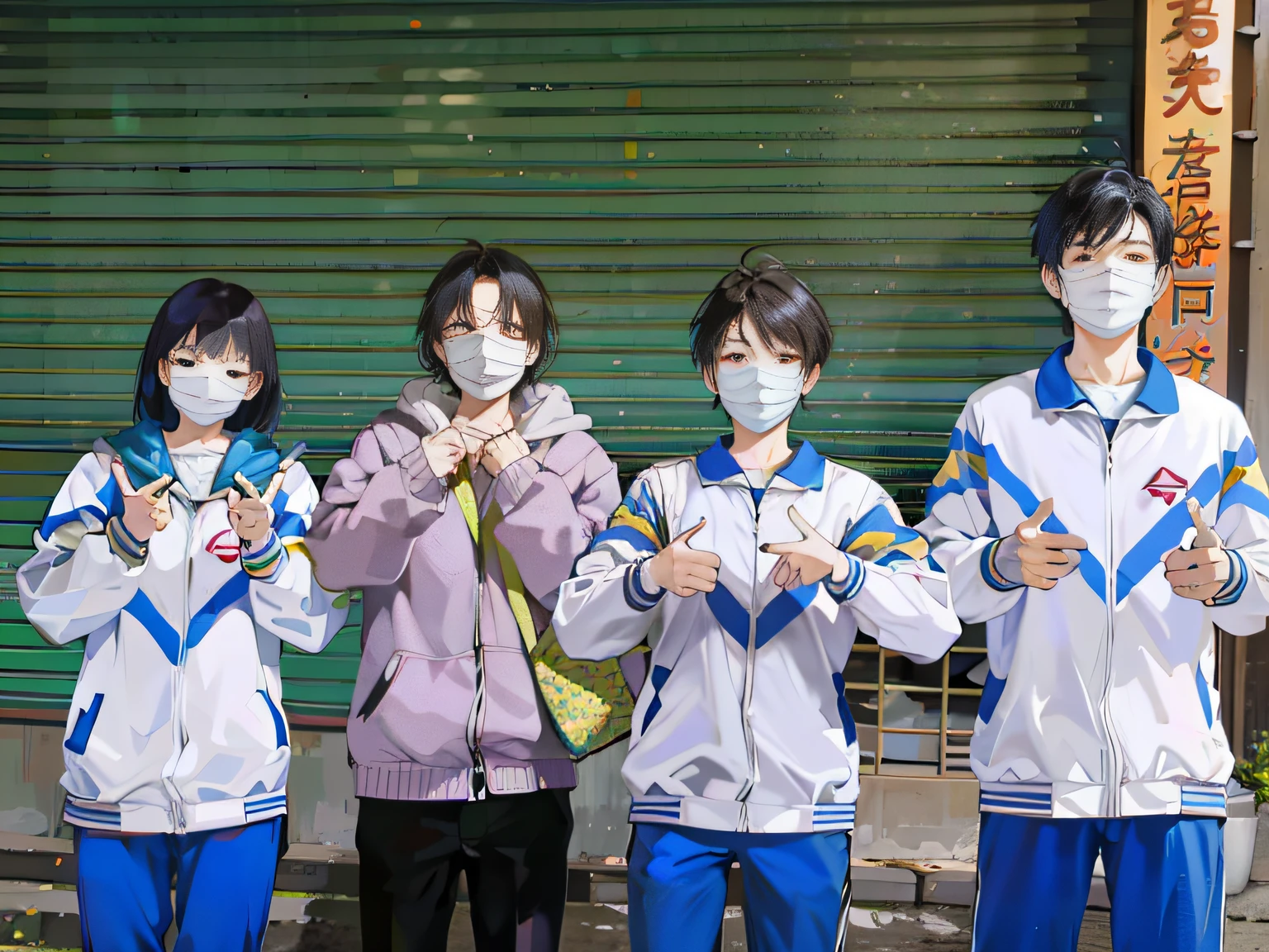 Three people wore masks,Give a thumbs up in front of the building, people are wearing masks, from china, some of them use gask mask, wearing face mask, surgical mask covering mouth, photograph taken in 2 0 2 0, 8K)), wearing facemask and sunglasses, wearing face mask, wearing track and field suit, Wearing a mask, 3 4 5 3 1
