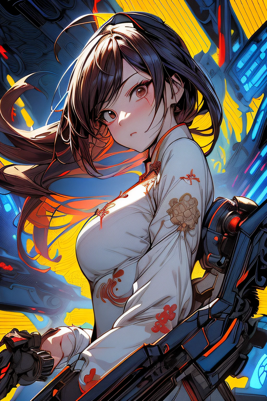 Mai shiranui, busty, long black hair, long purple jacket, white tank top, spacesuit helmet, illustration iridescent, magically glowing, shiny colorful, By Yuumei, Anime art wallpaper 8K, Guviz-style artwork, Anime art wallpaper 4k, Anime art wallpaper 4K, girl in purple jacket, Beautiful anime artwork, Digital anime art, Guviz, full bodyesbian, 2 head body, half body frame, giga_busty